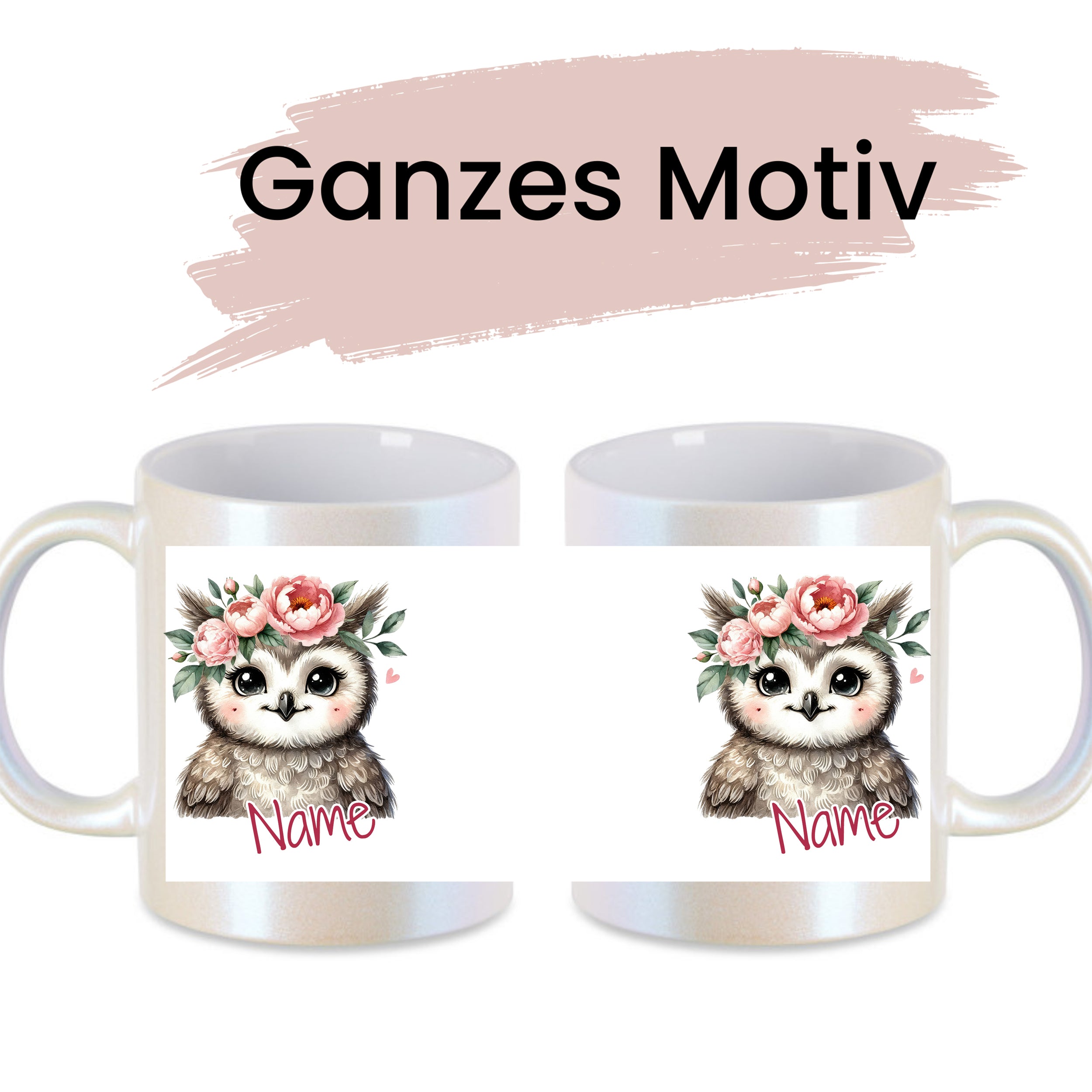 Tassen mit Eule, Blumenmotiv und personalisierbarem Namen.