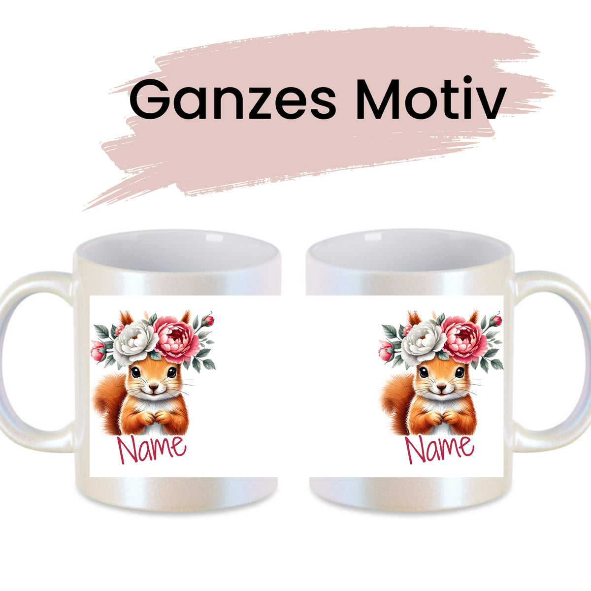 Tasse mit Eichhörnchen und Blumen, personalisierbar.