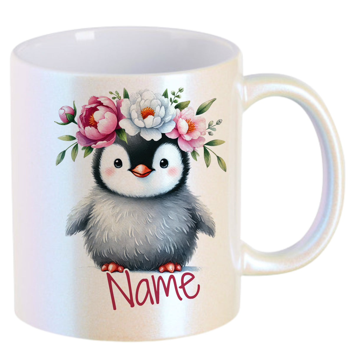 Tasse mit Pinguin und Blumenkranz, personalisierbar.