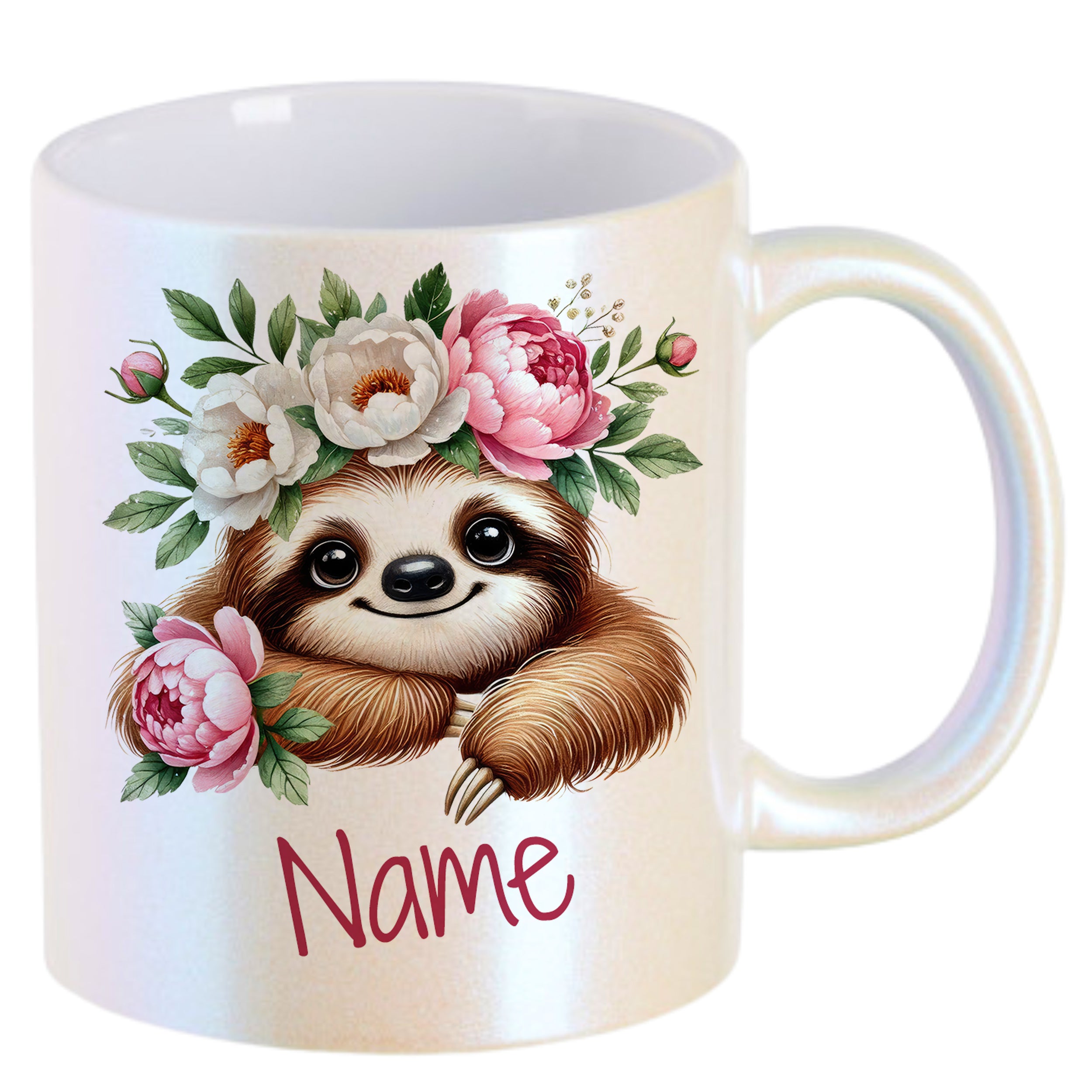 Kaffeetasse mit niedlichem Faultier und Blumenmotiv.