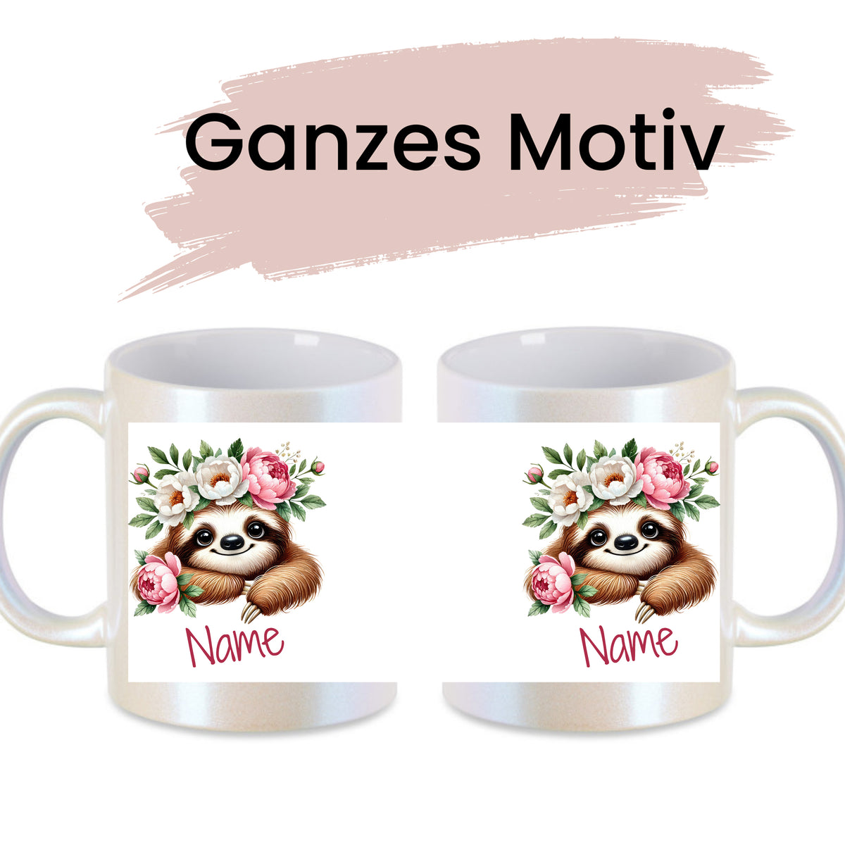 Tassen mit Faultier-Motiv und Blumen, personalisierbar.