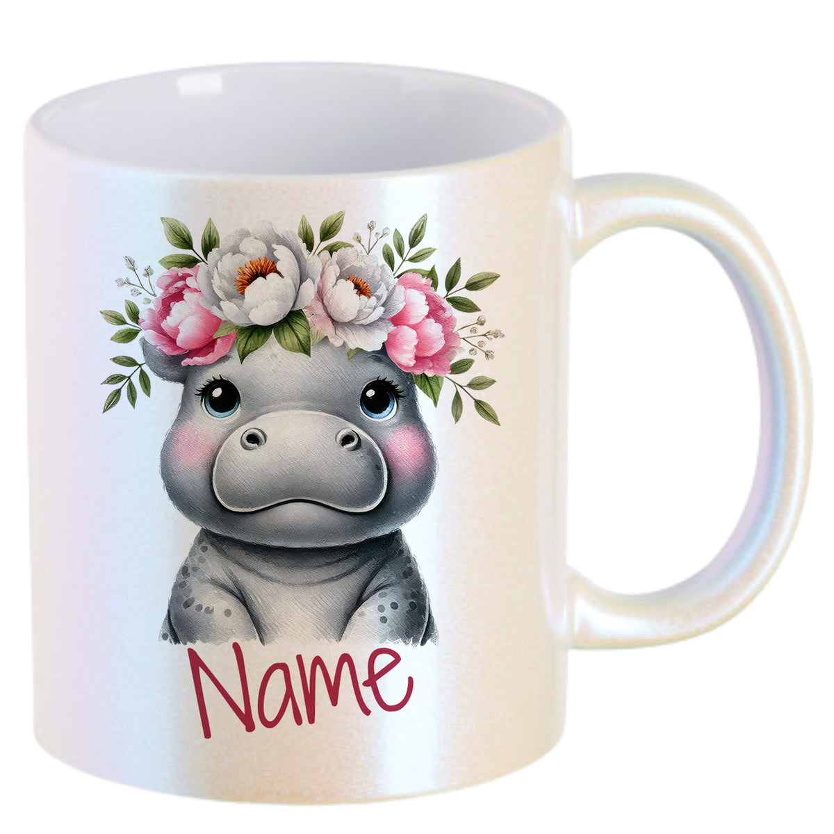 Tasse mit Hippo-Grafik und Blumenkranz, personalisierbar.