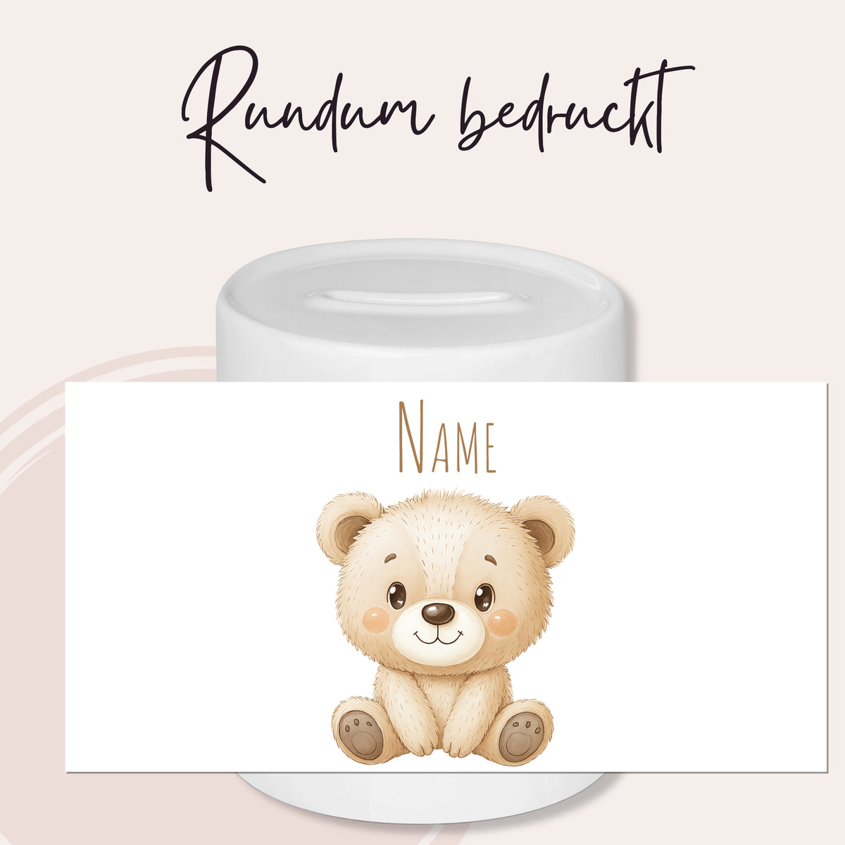 Kaffeetasse mit rundum bedrucktem Bärenmotiv in Beige.