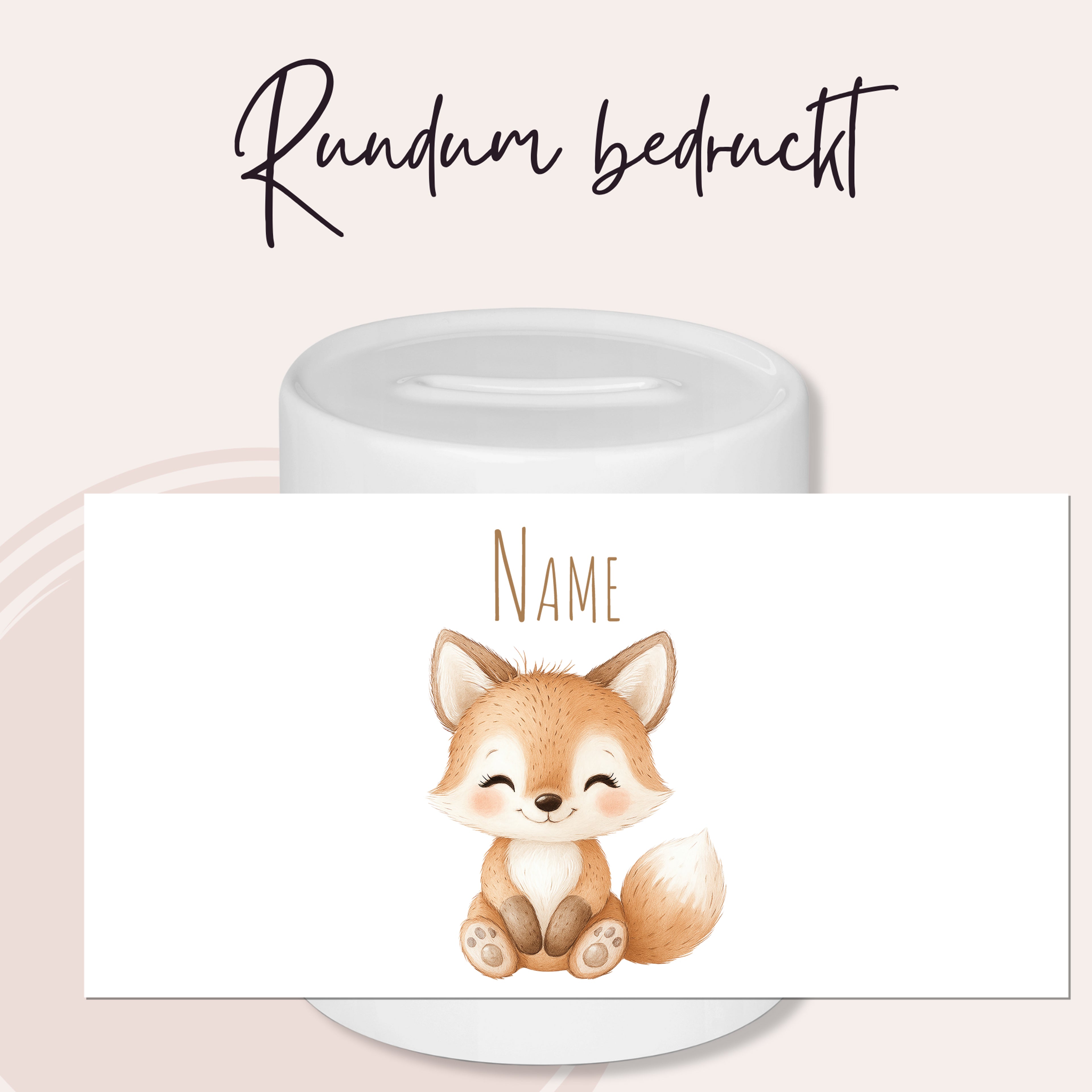 Runder Becher mit niedlichem Fuchs-Design und personalisierbarem Namen.