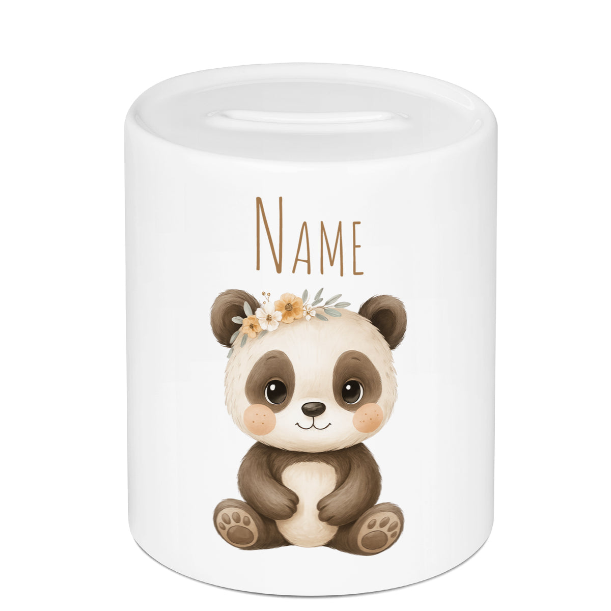 Weißer Spardose mit niedlichem Panda-Motiv und Blumenkranz.