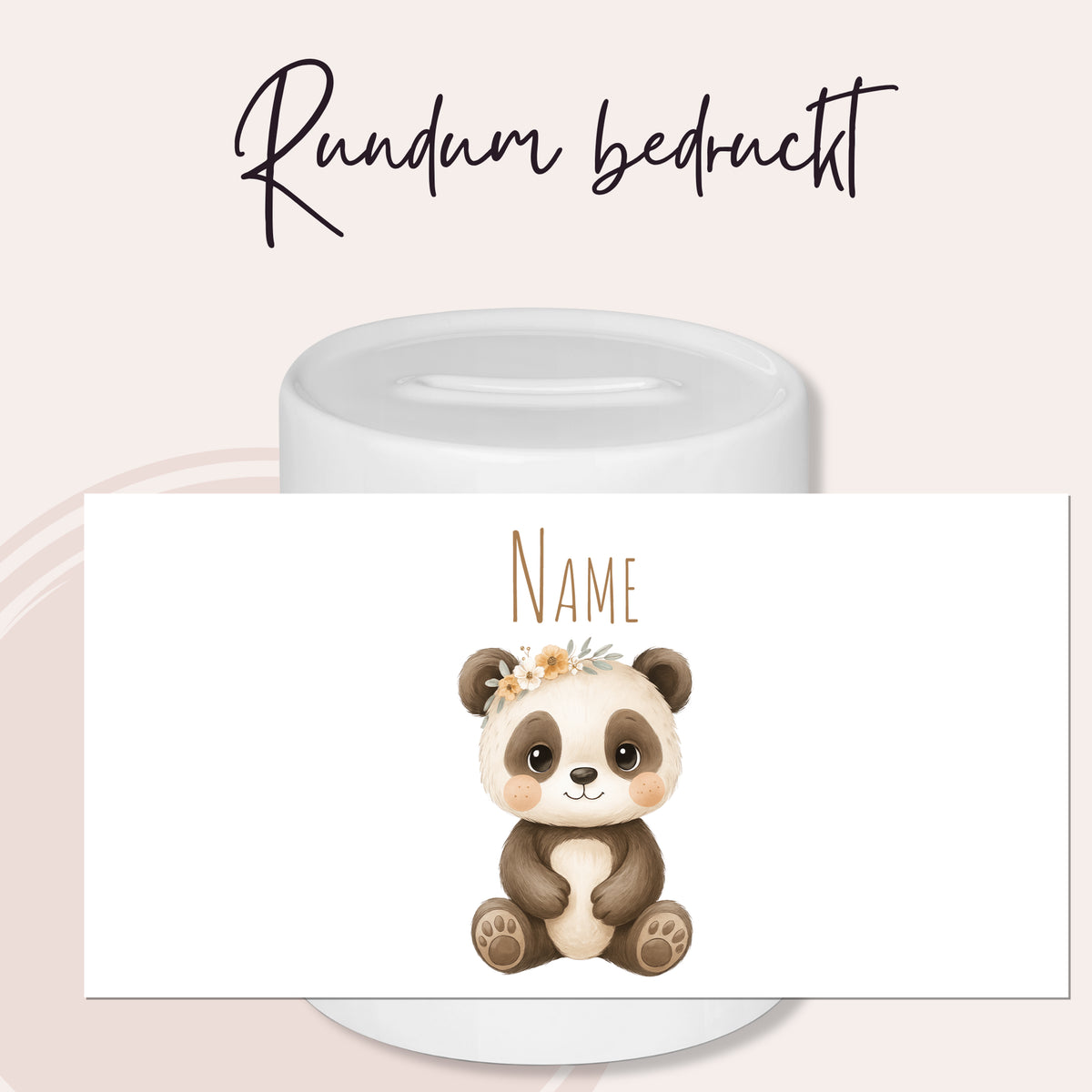 Panda-Motiv auf weißem Hintergrund mit personalisierbarem Namen.