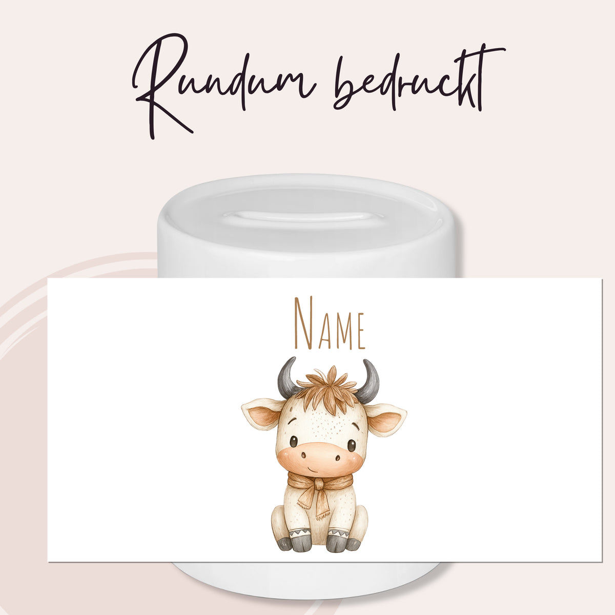Kaffeetasse mit niedlicher Kuh und personalisierbarem Namen.