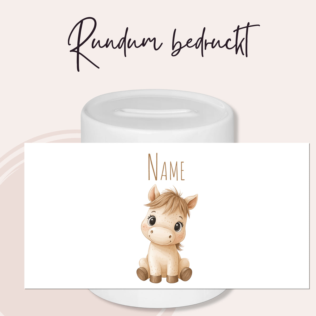 Runde Tasse mit niedlichem Pferd und personalisierbarem Namen.