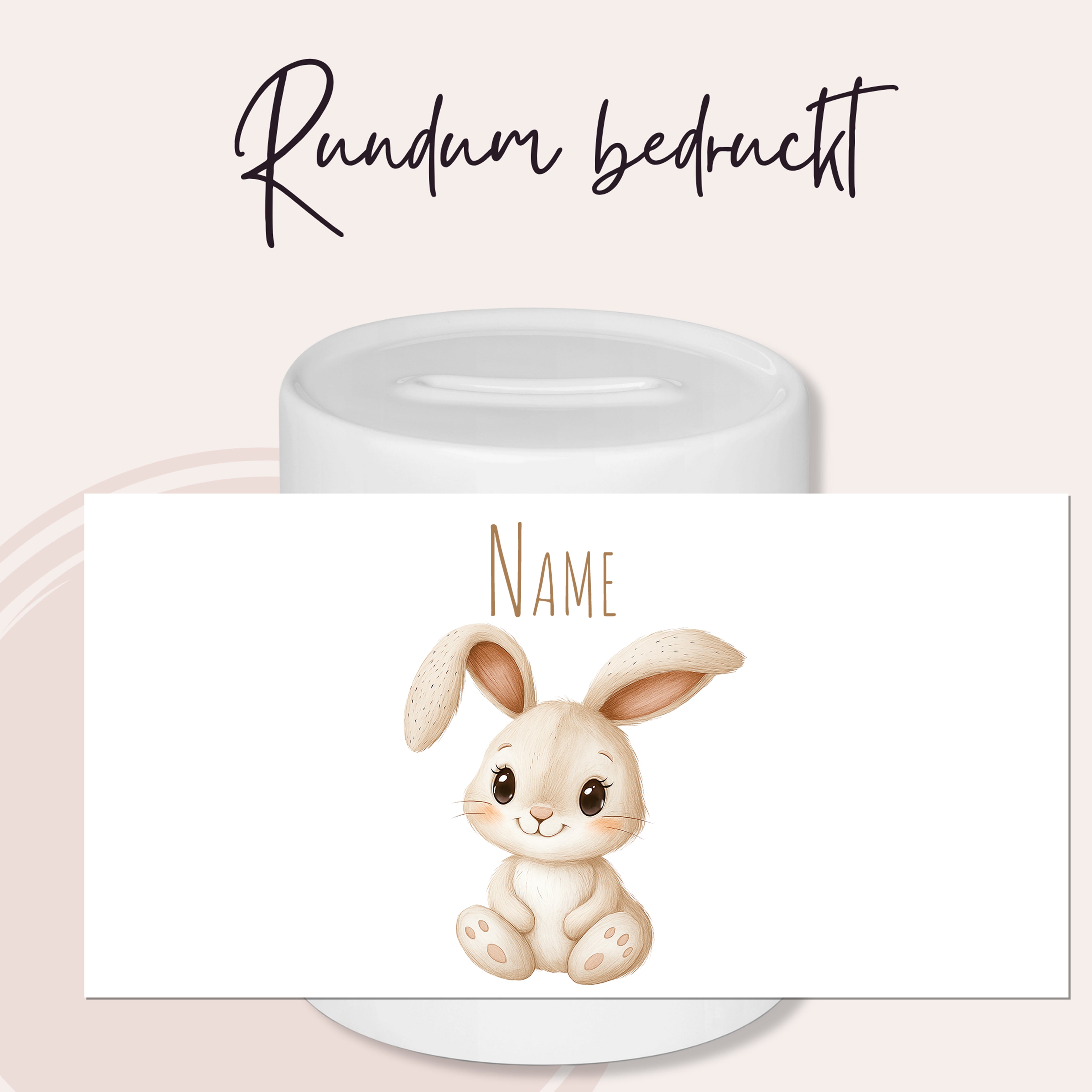 Hase auf weißem Hintergrund mit personalisierbarem Namen.