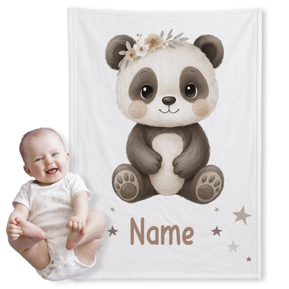 Panda-Kuscheldecke mit Blumen und personalisiertem Namen.