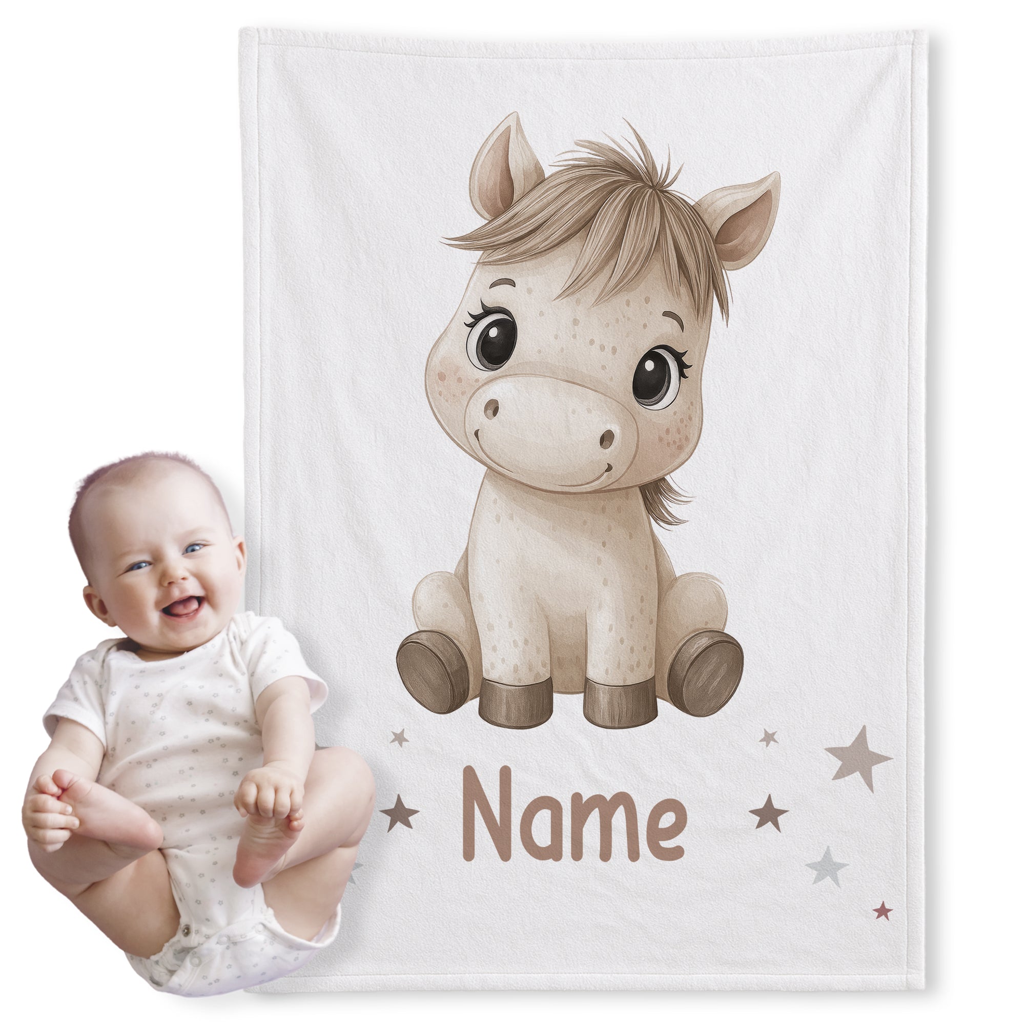 Warmes Babydecke mit Pferdemotiv und personalisiertem Namen.