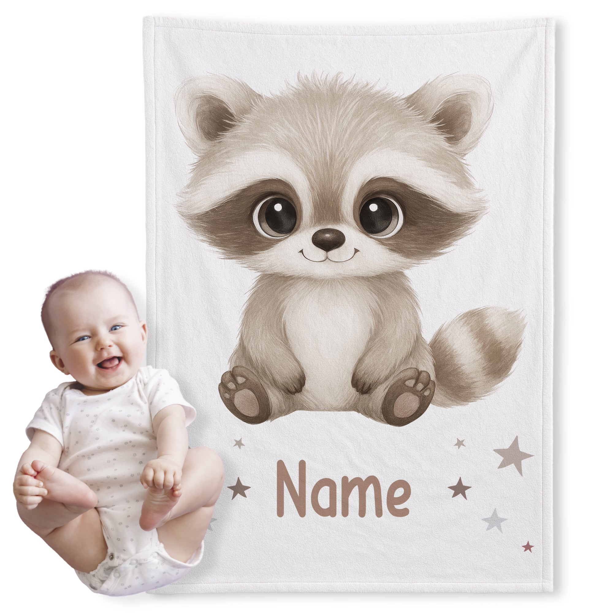 Babydecke mit niedlichem Waschbären-Motiv in Beige und Grau.