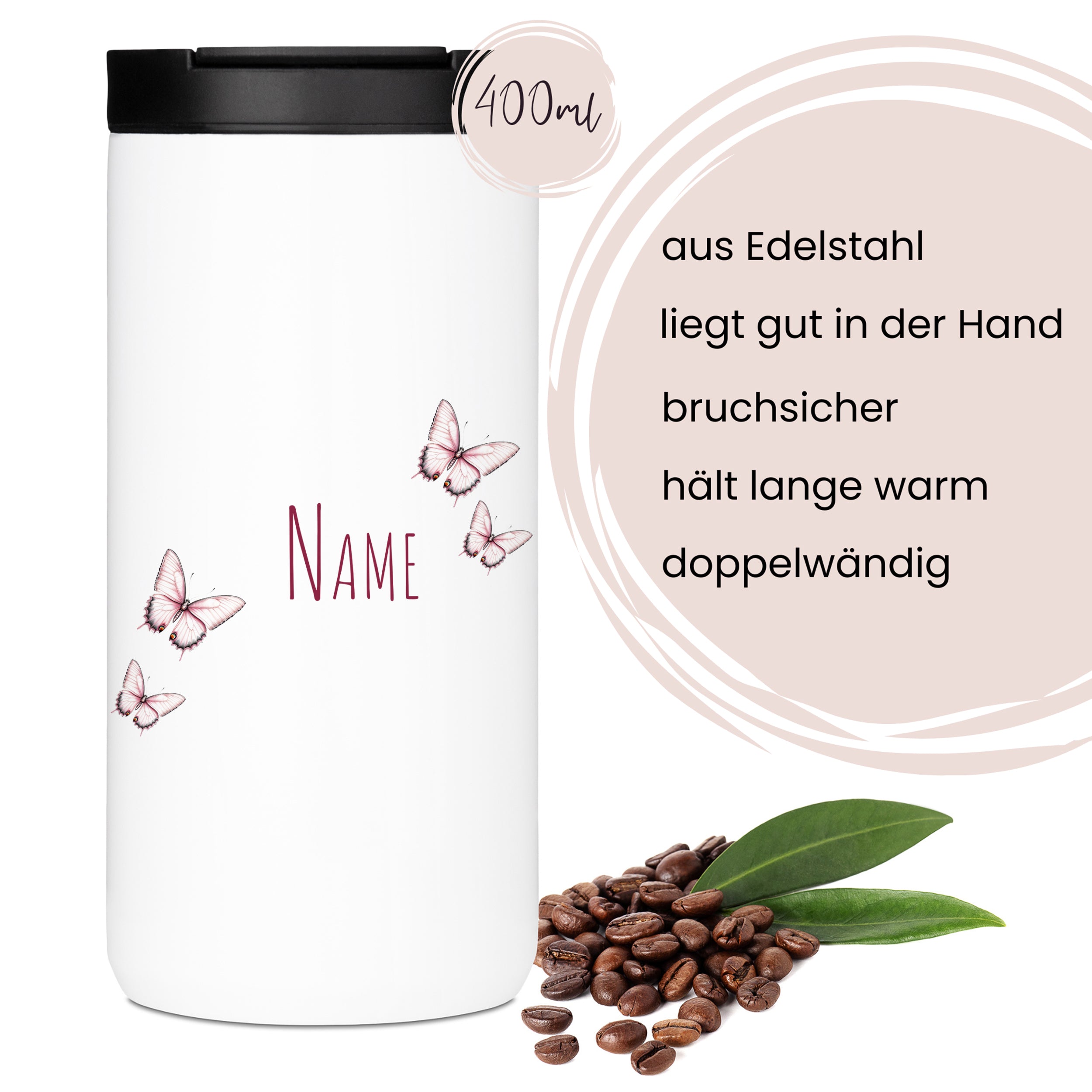 Weißer Edelstahlbecher mit Schmetterlingen, 400 ml, doppelwandig.
