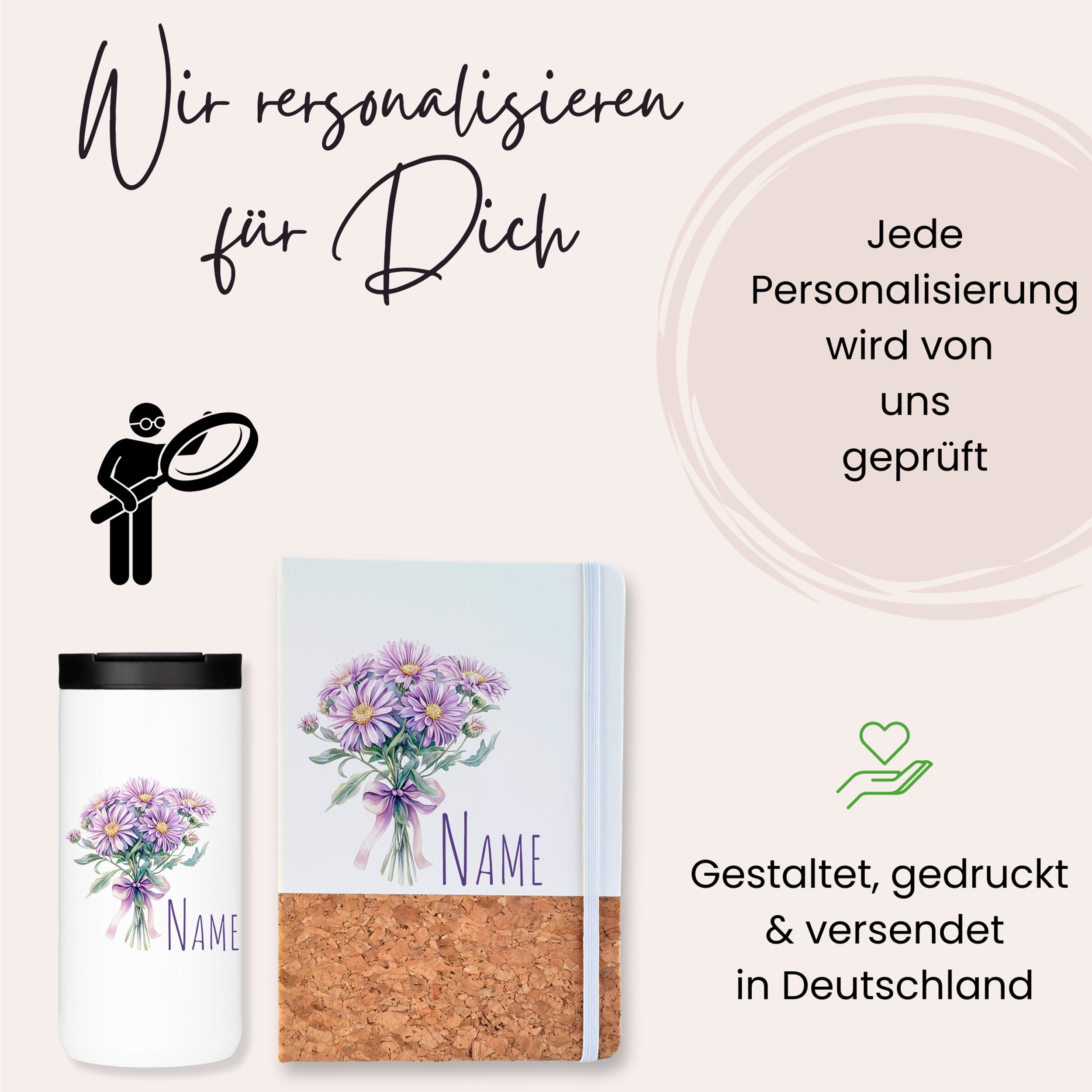 Personalisierte Tasse und Notizbuch mit Blumenmotiv.