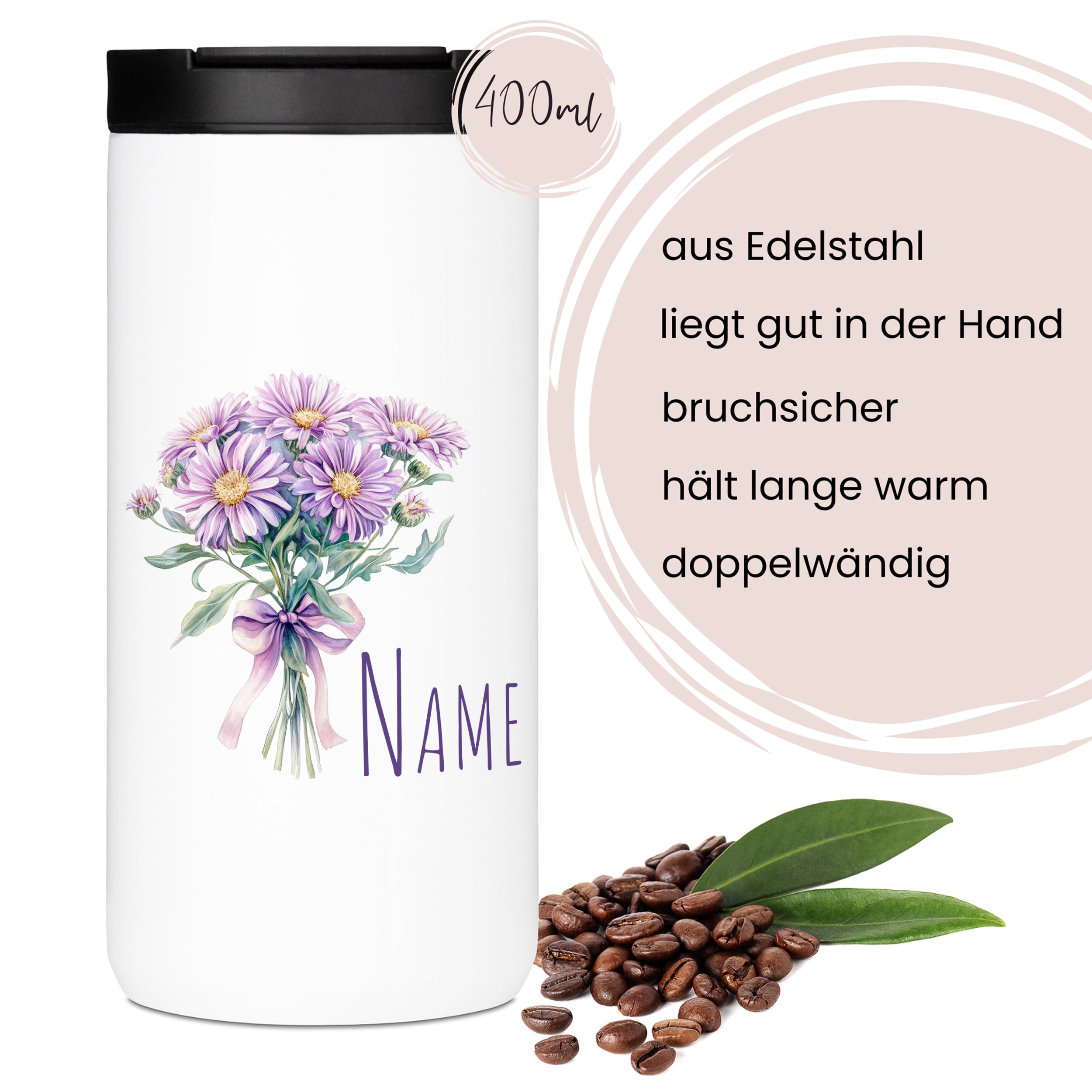 Edelstahlbecher mit Blumenmotiv, 400 ml, doppelwandig.