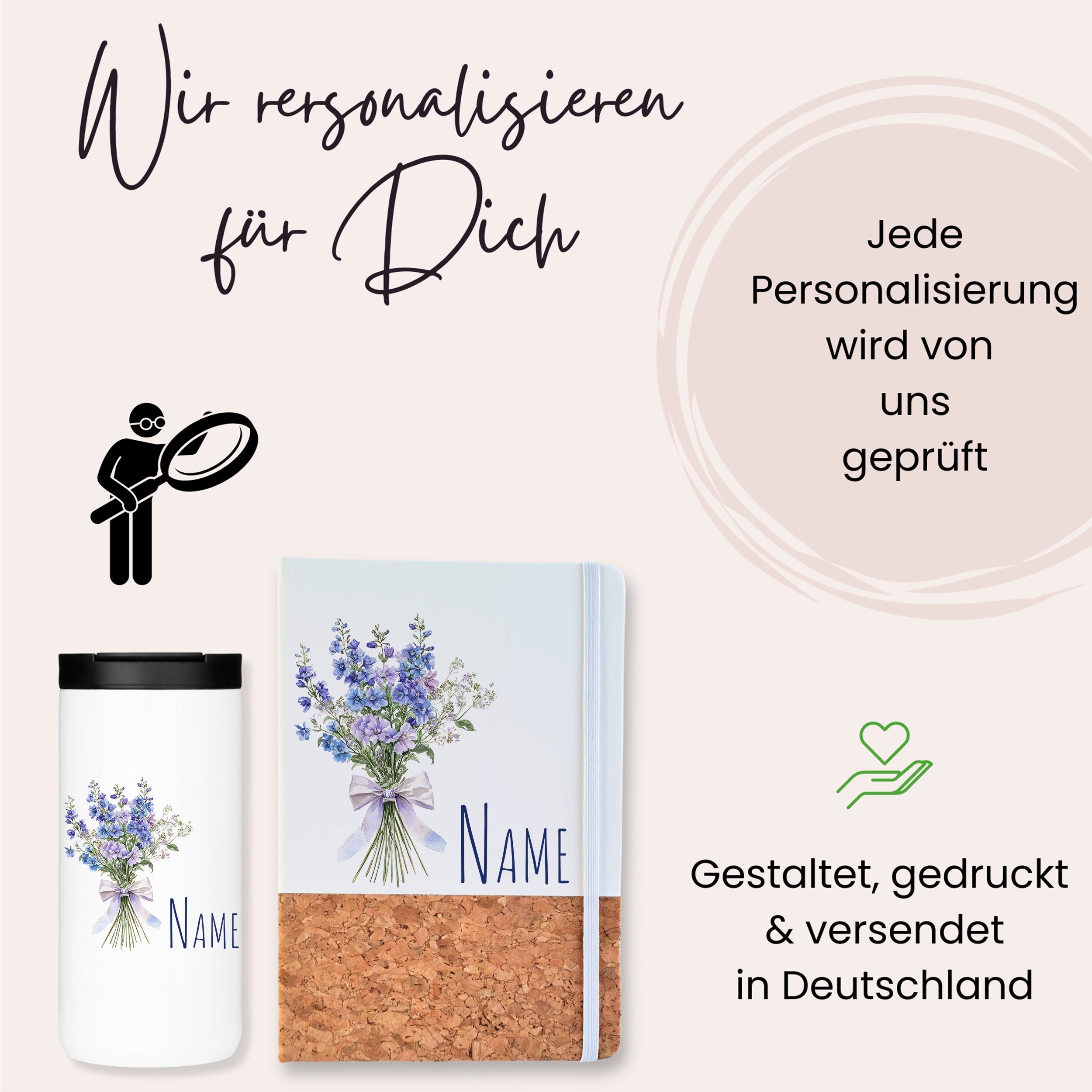 Personalisierte Tasse und Notizbuch mit Blumenmotiv.