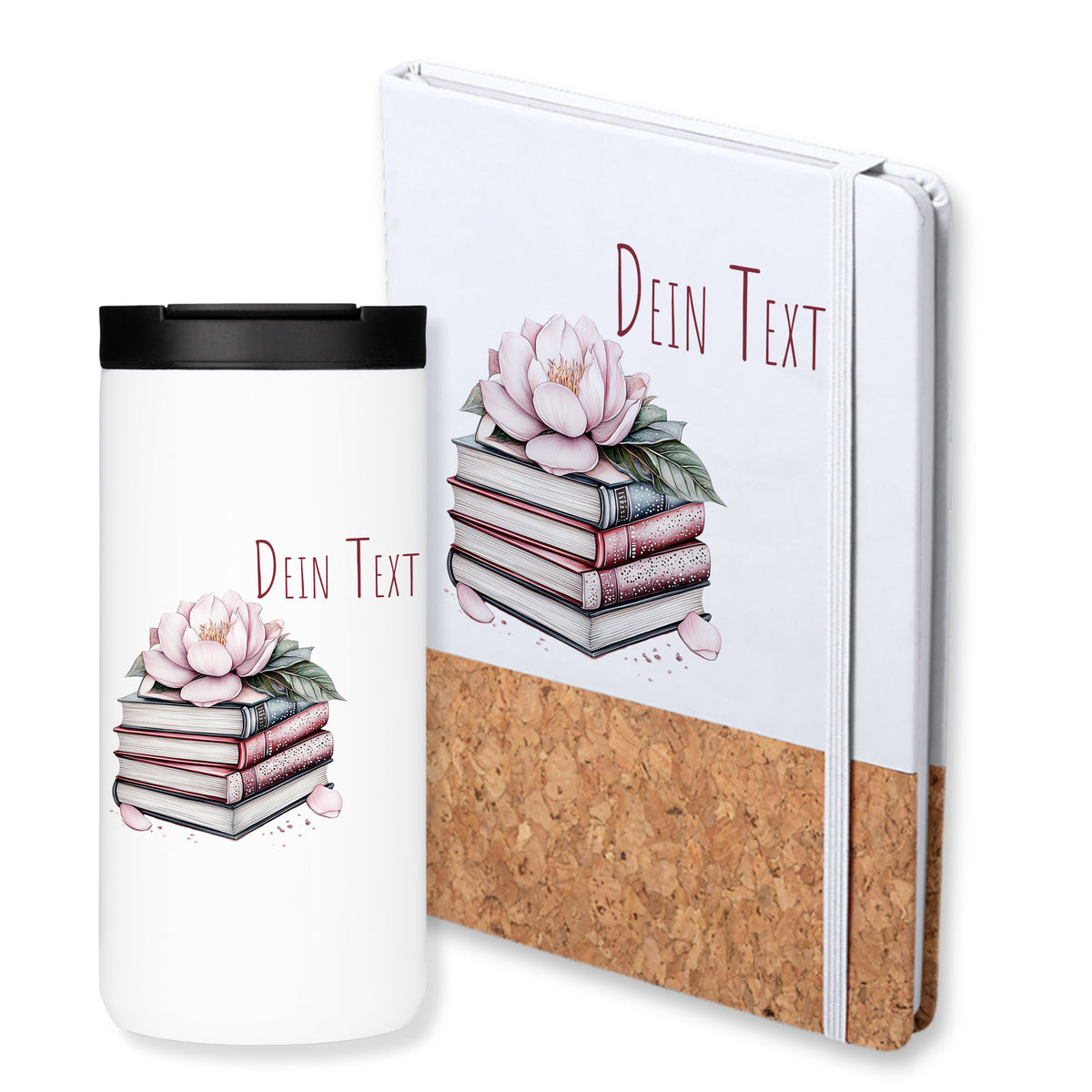Weißer Becher und Notizbuch mit Blumen- und Bücherdesign.