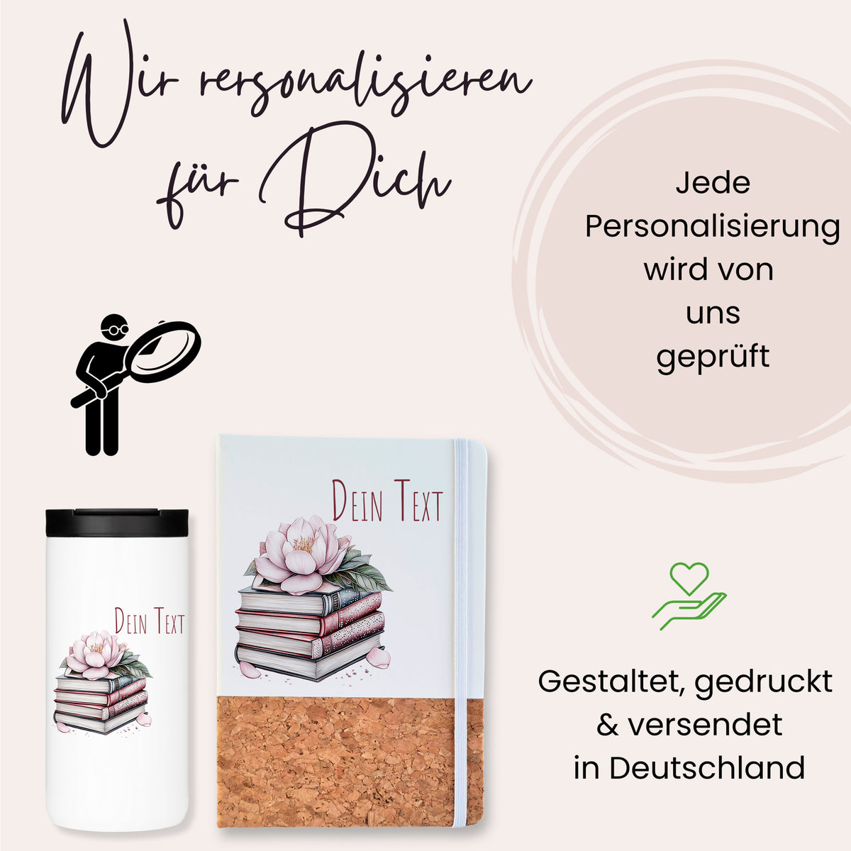 Personalisierte Tasse und Notizbuch mit Blumenmotiv.