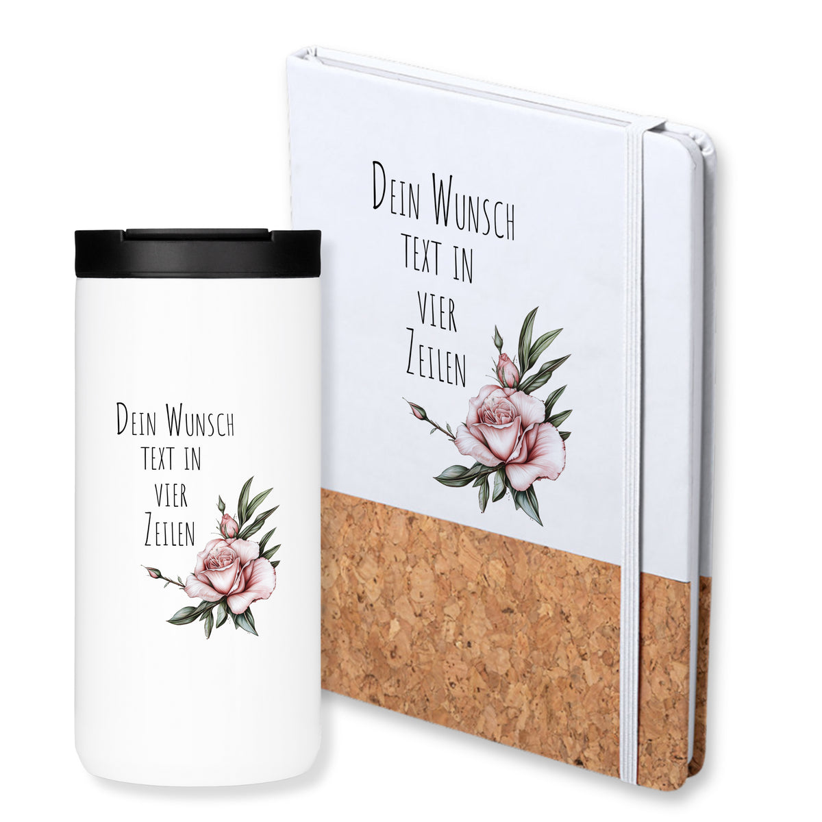 Weißer Becher und Notizbuch mit rosa Blumenmotiv.