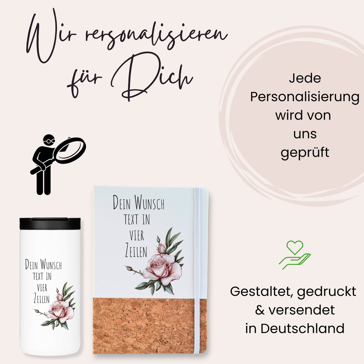 Personalisierte Trinkflasche und Notizbuch mit floralen Motiven.