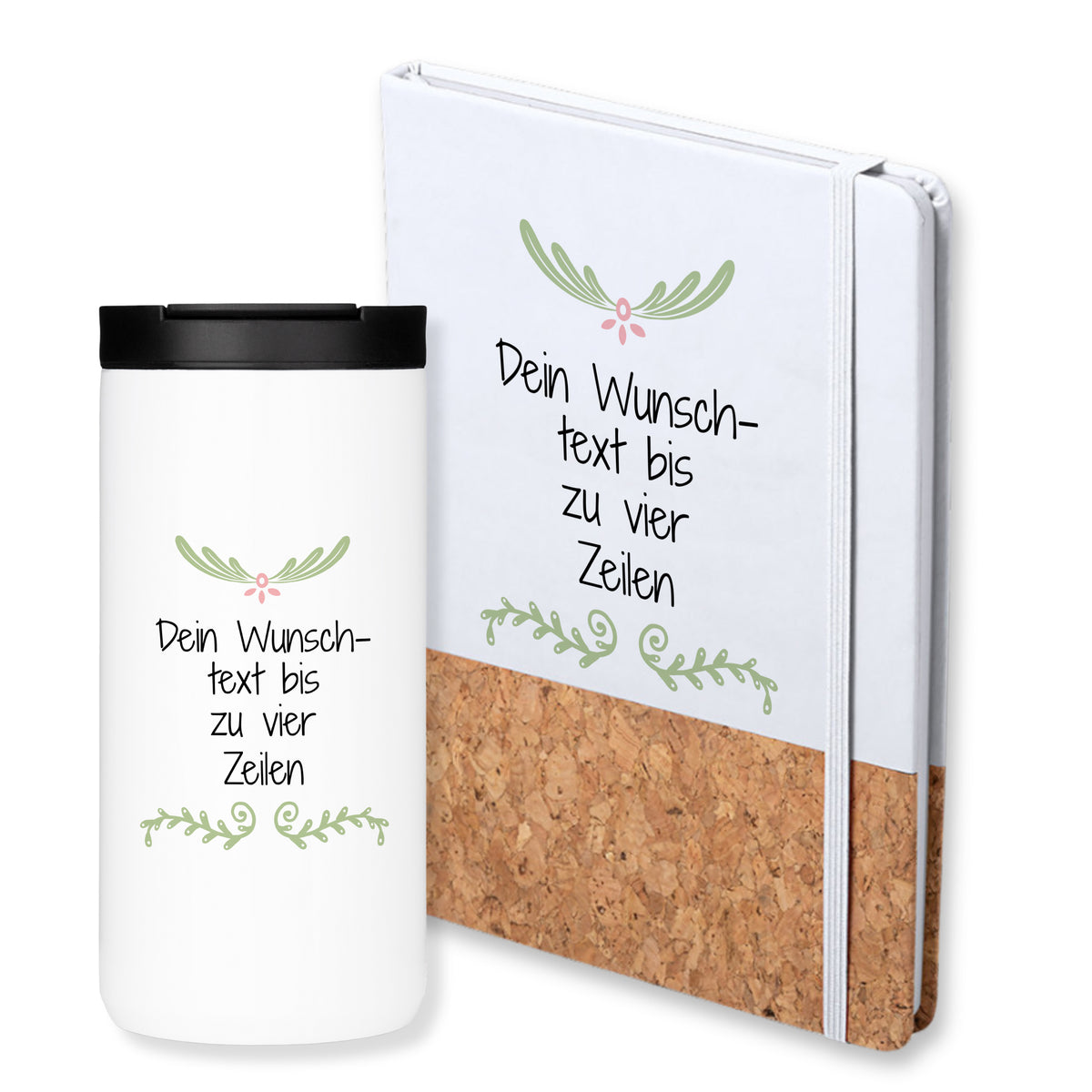 Weißer Becher und Notizbuch mit personalisiertem Text.
