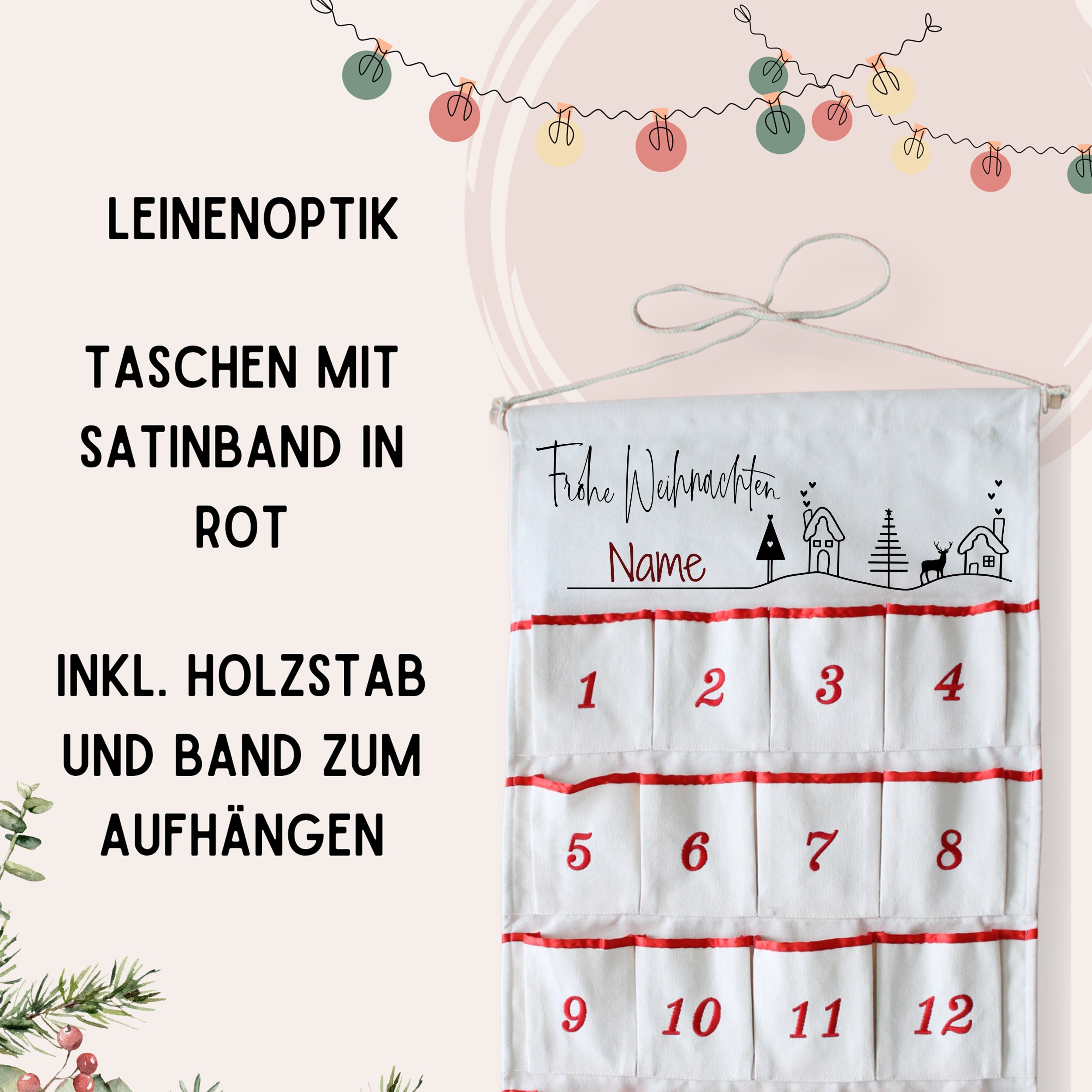 Adventskalender in Leinenoptik mit roten Taschen und Satinband