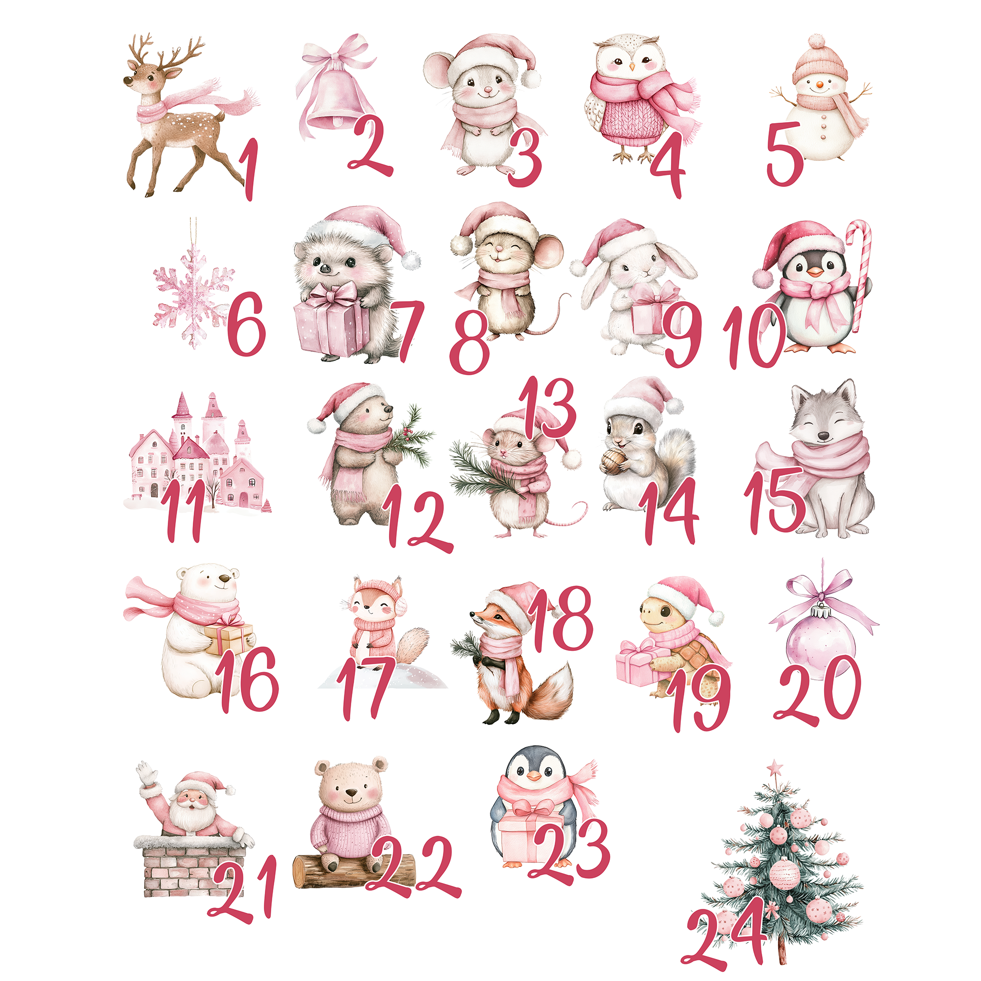 Niedliche Weihnachtsillustrationen in Rosa und Weiß.