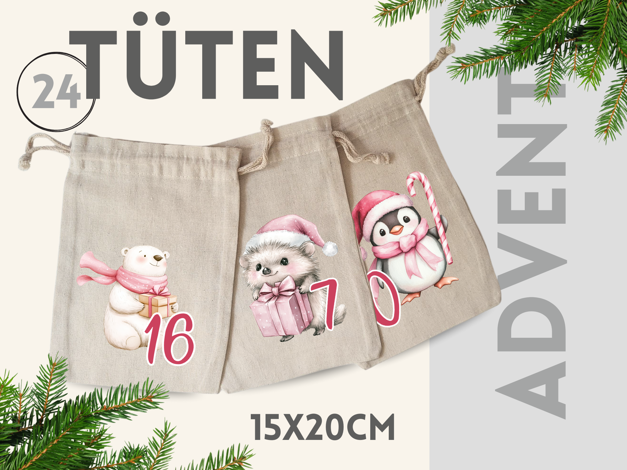 24 Adventstüten, beige, mit Tiermotiven und Zahlen.