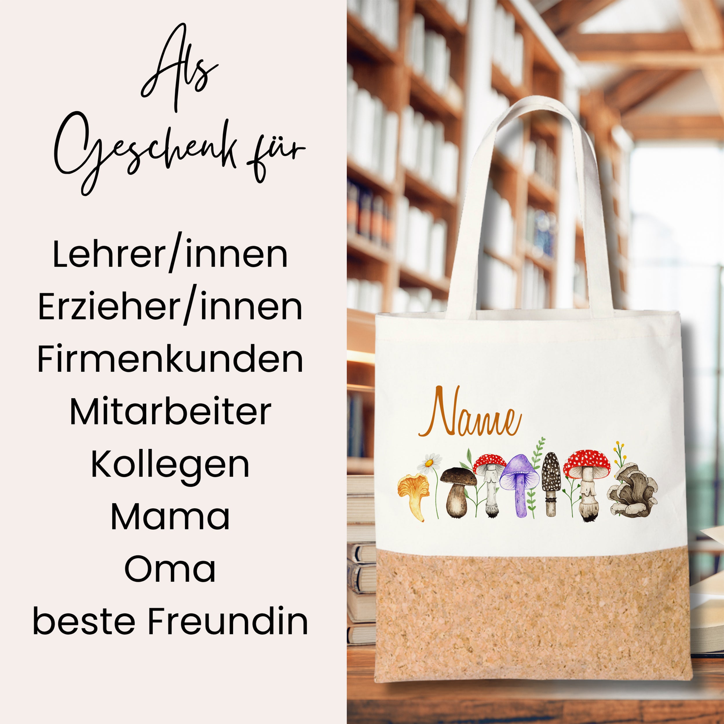 Beige Tasche mit Pilz-Motiv und Korkboden.