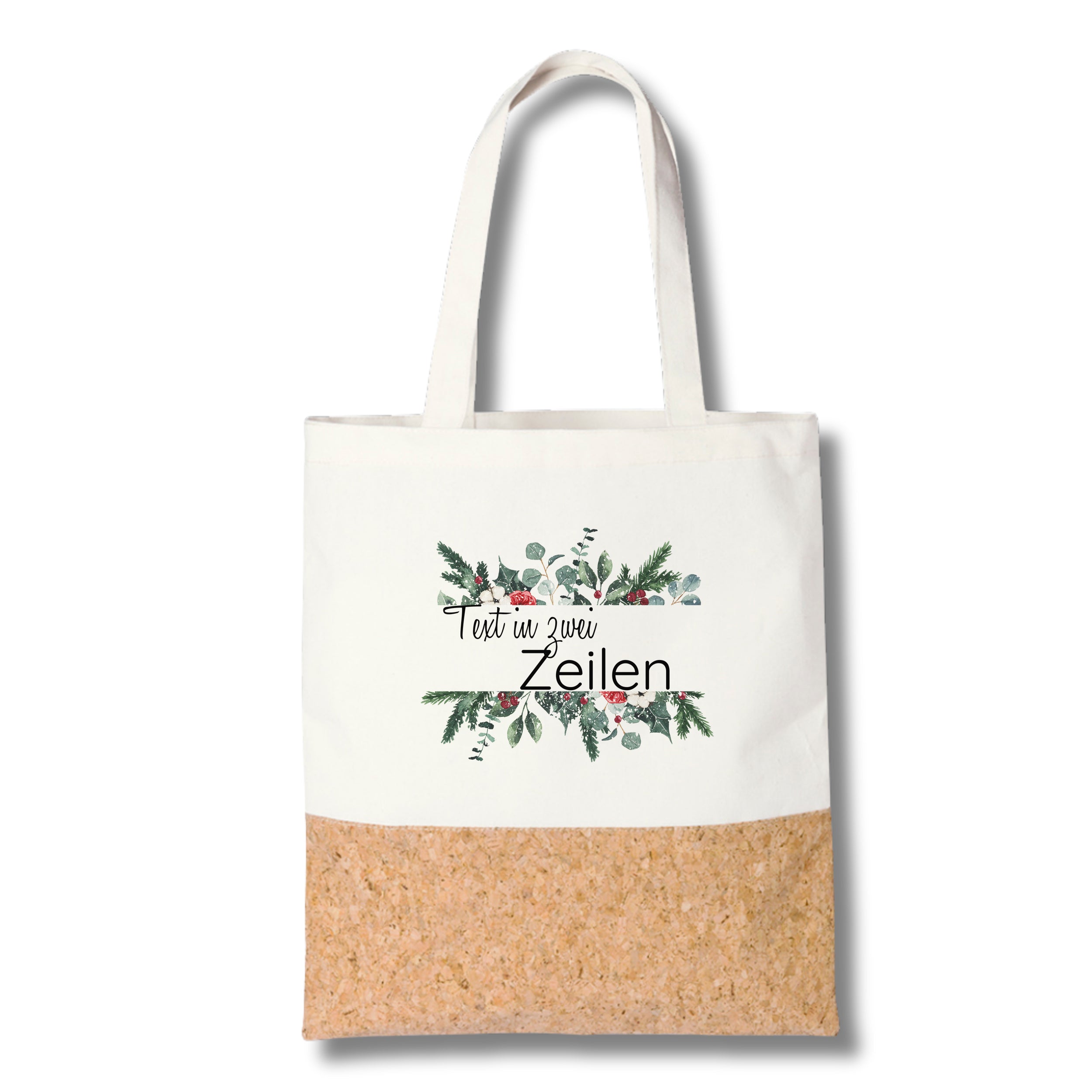 Beige Tragetasche mit Korkboden und floralem Schriftzug.