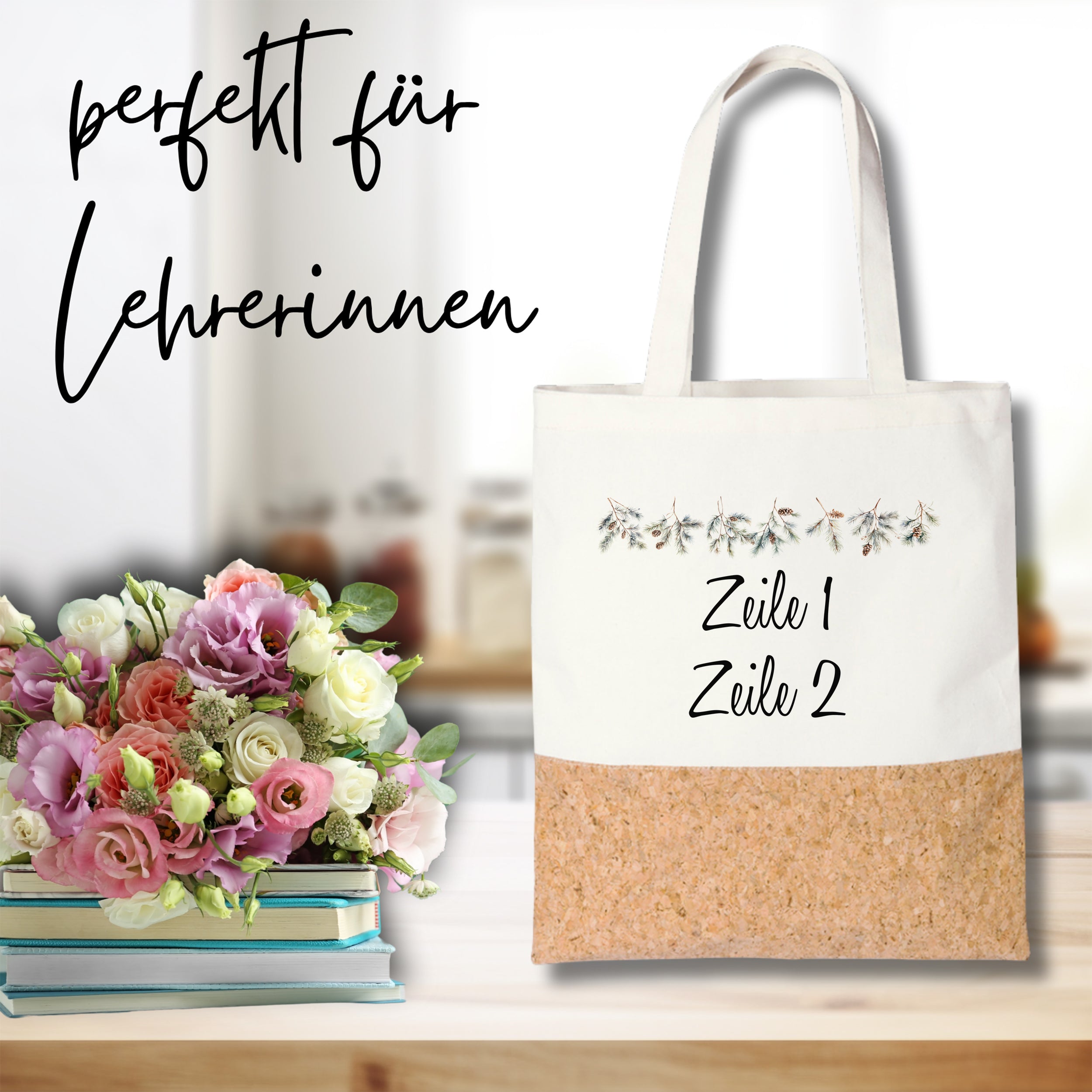 Stofftasche mit Korkboden, floralem Design und personalisierbarem Text.