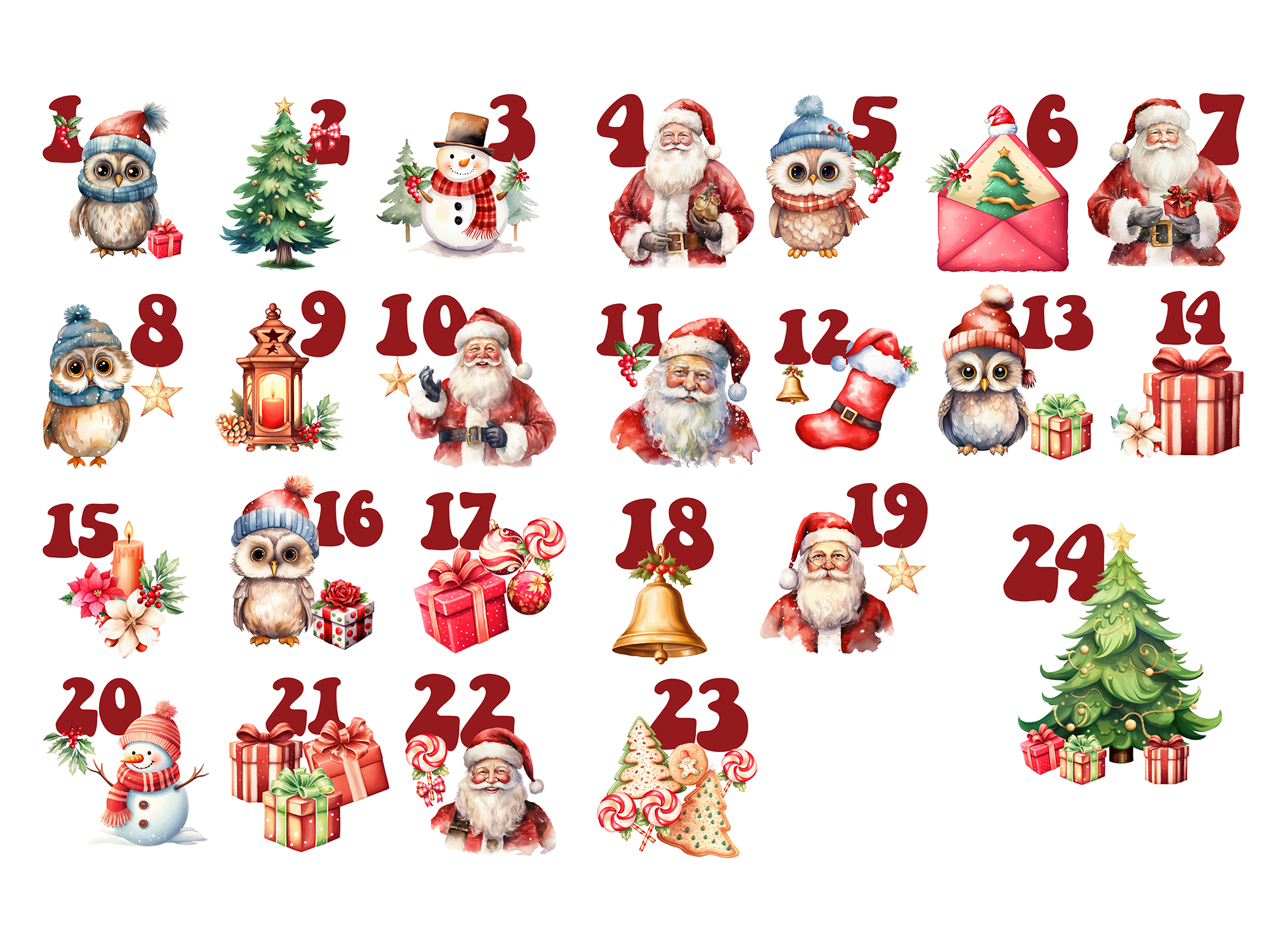 Adventskalender mit Weihnachtsmotiven, Tannenbaum, Geschenke, Schneemann.