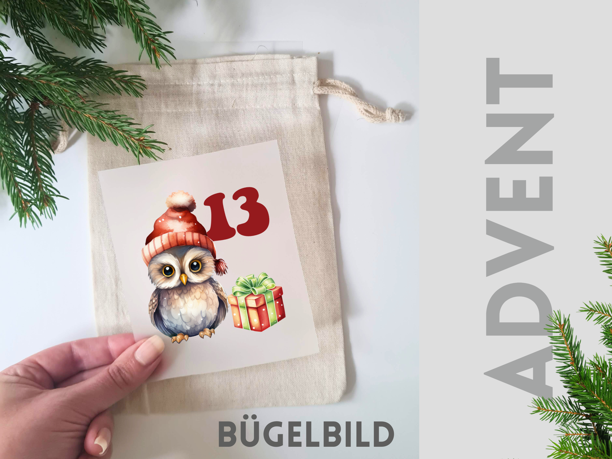 Bügelbild mit Eule, rotem Hut und Geschenk, Advent.