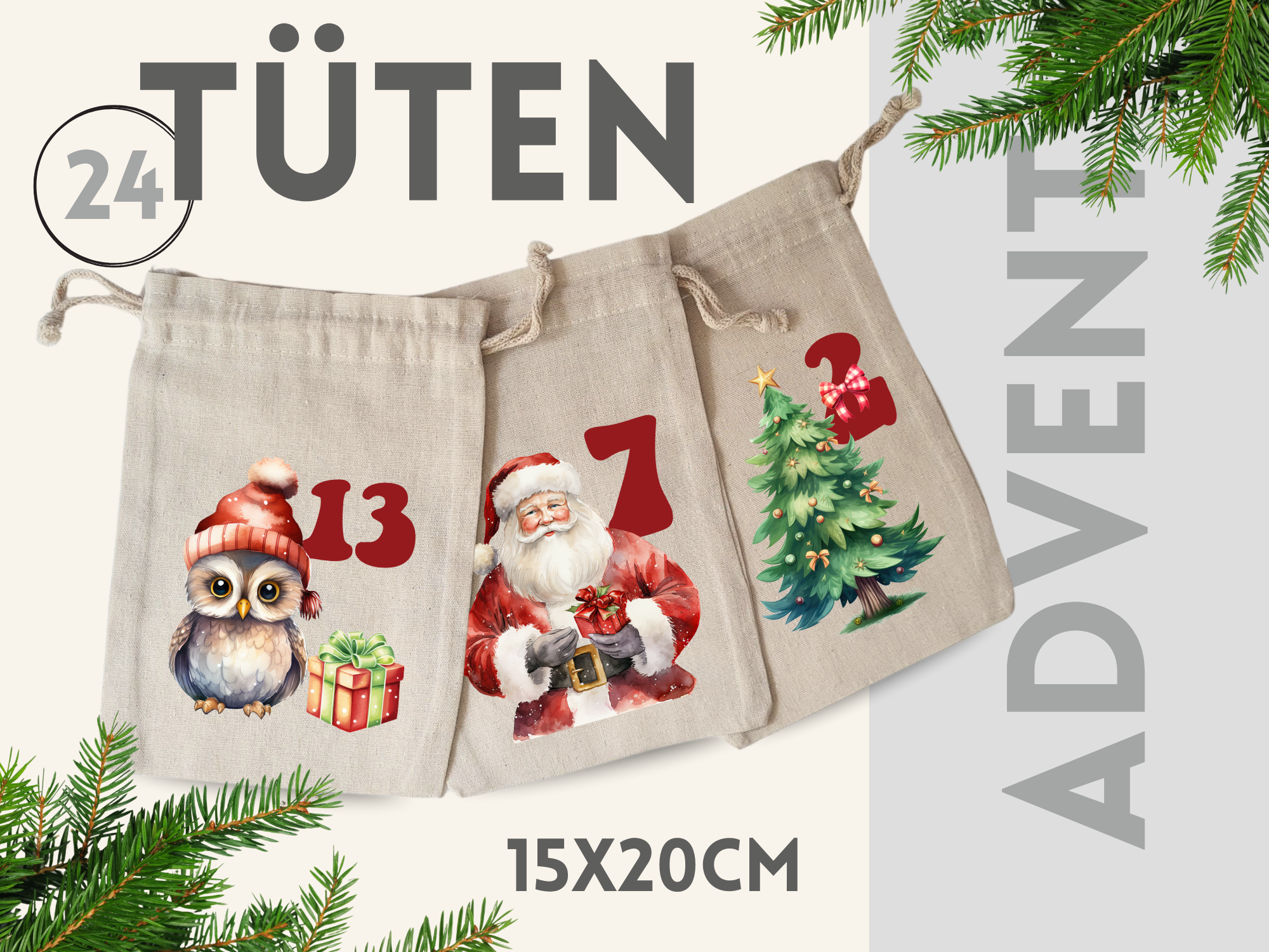 24 Adventstüten, beige, mit Weihnachtsmotiven und Zahlen.