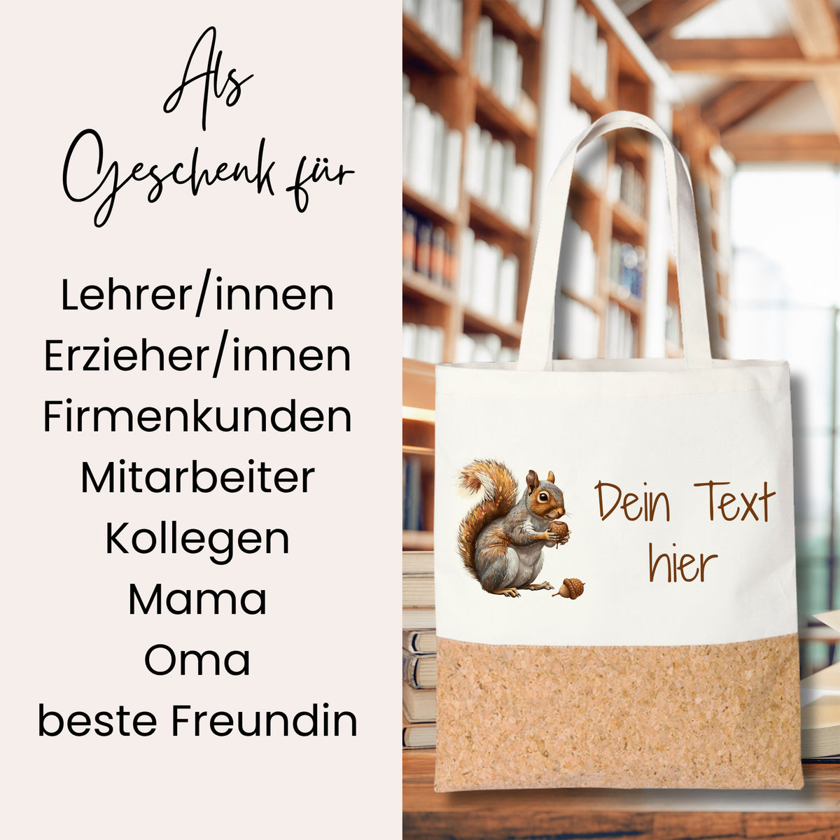 Beige Tasche mit Eichhörnchen und personalisierbarem Text.