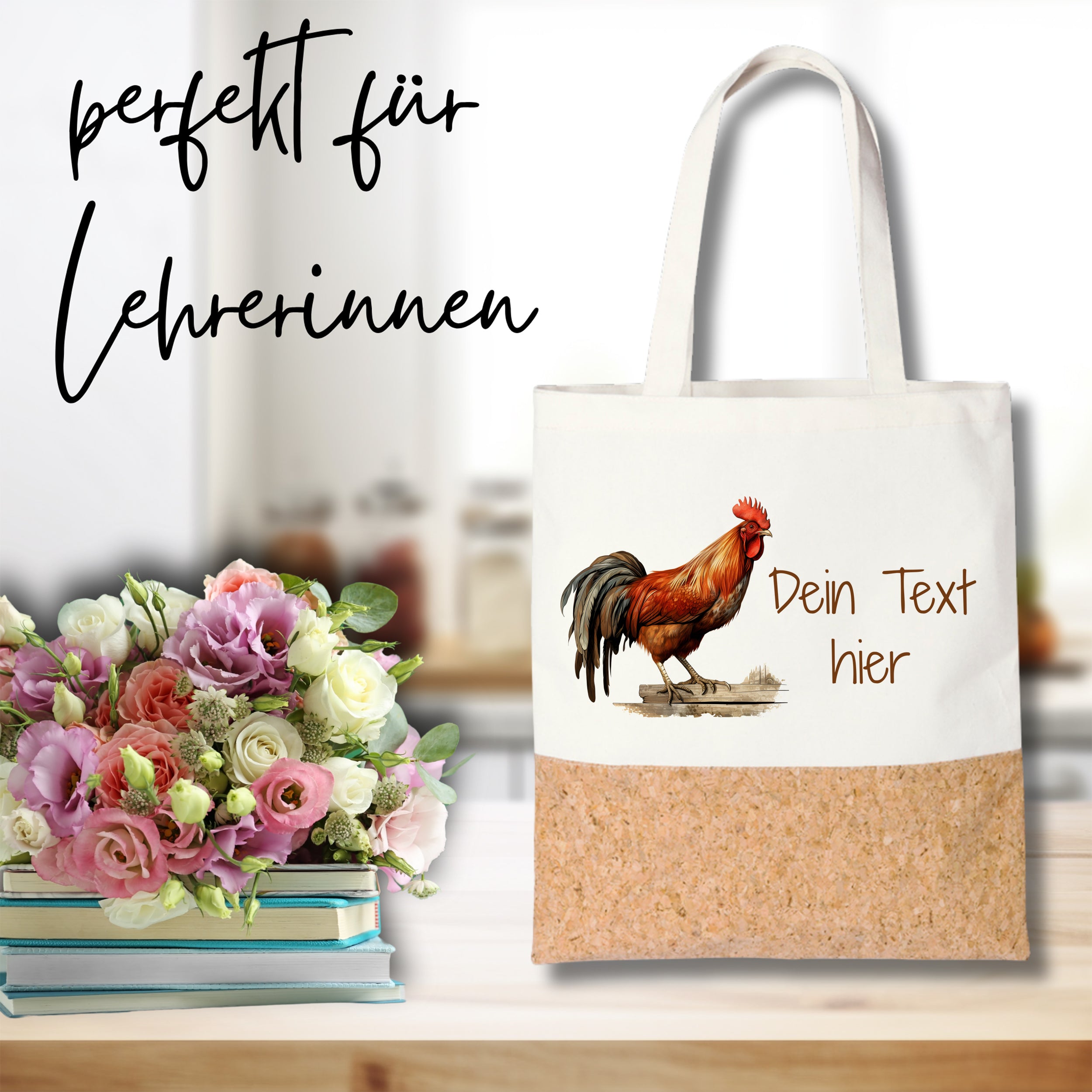 Beige Tasche mit Huhn und Korkboden, personalisierbar.