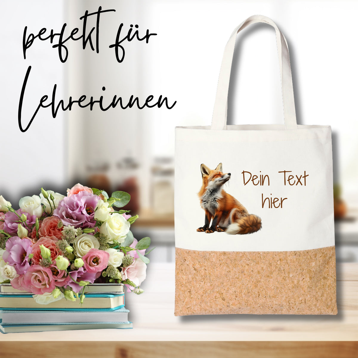 Tote Bag mit Fuchs-Motiv und Korkboden, beige.