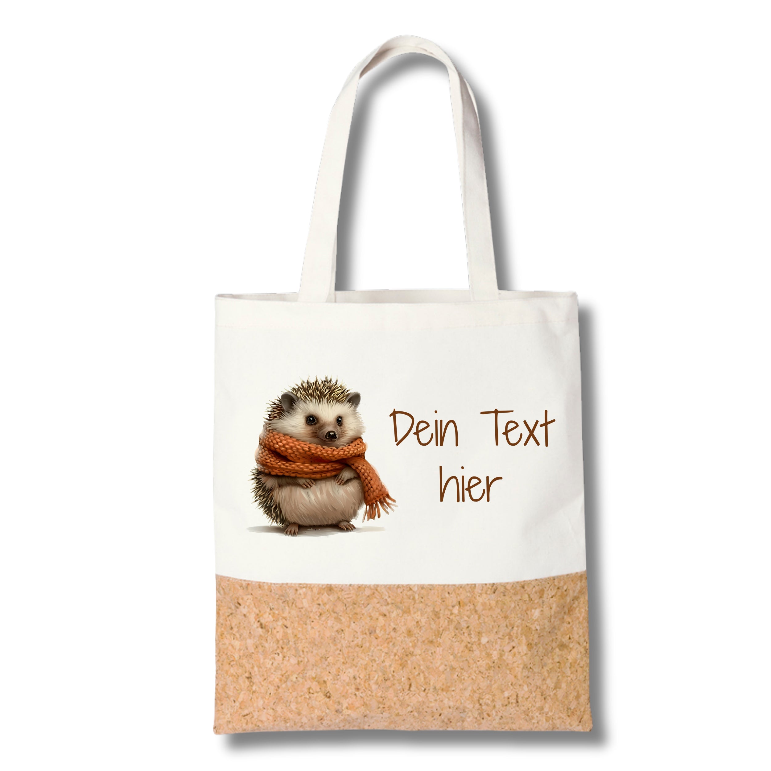 Stofftasche mit Igel-Motiv und Korkboden.
