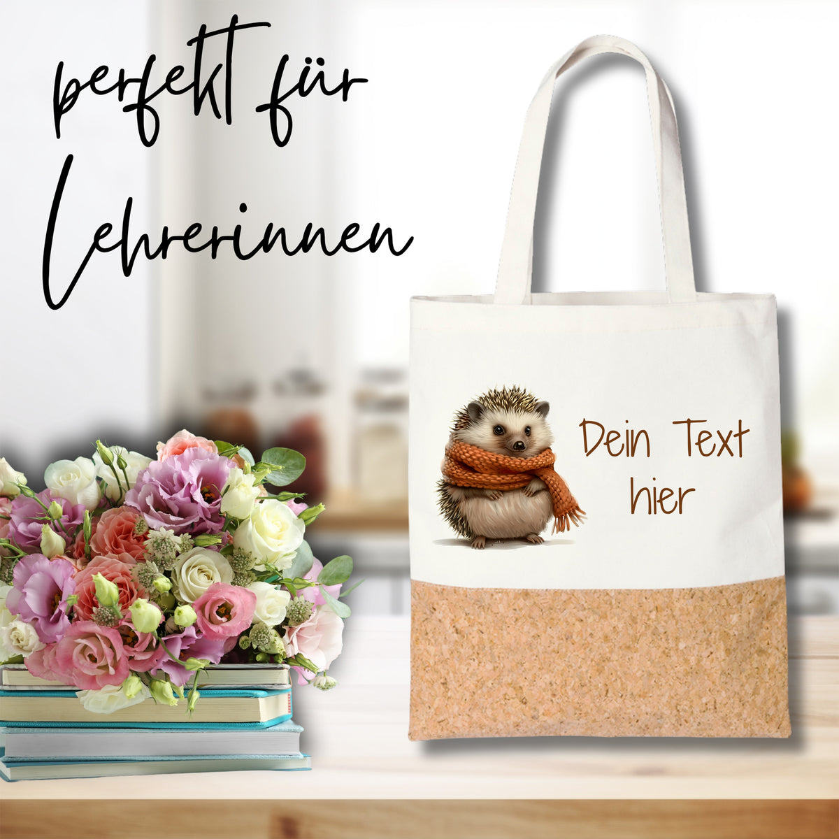 Stofftasche mit Igel-Motiv und Korkboden, personalisierbar.