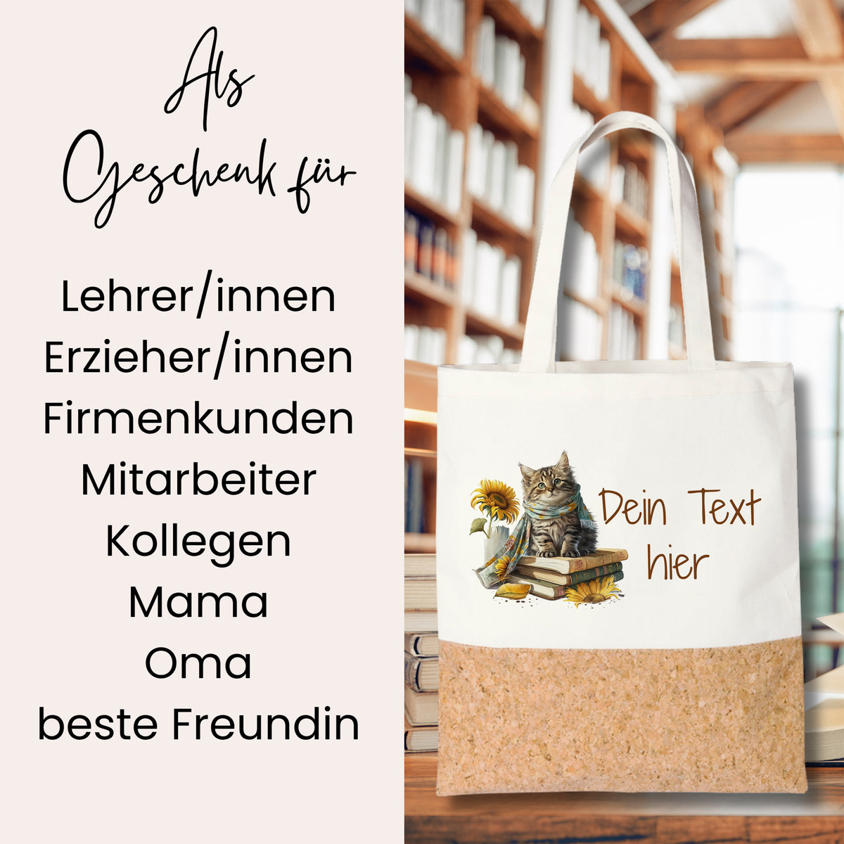 Beige Tasche mit Katzenmotiv und Korkboden, personalisierbar.