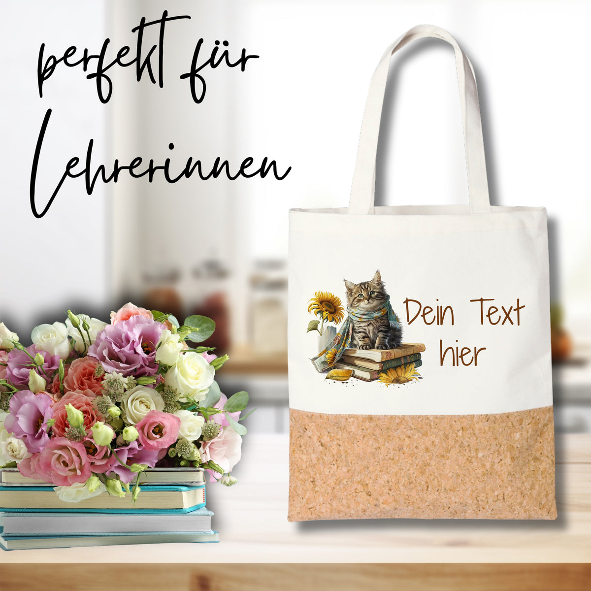 Stofftasche mit Katzenmotiv und Korkboden, personalisierbar.
