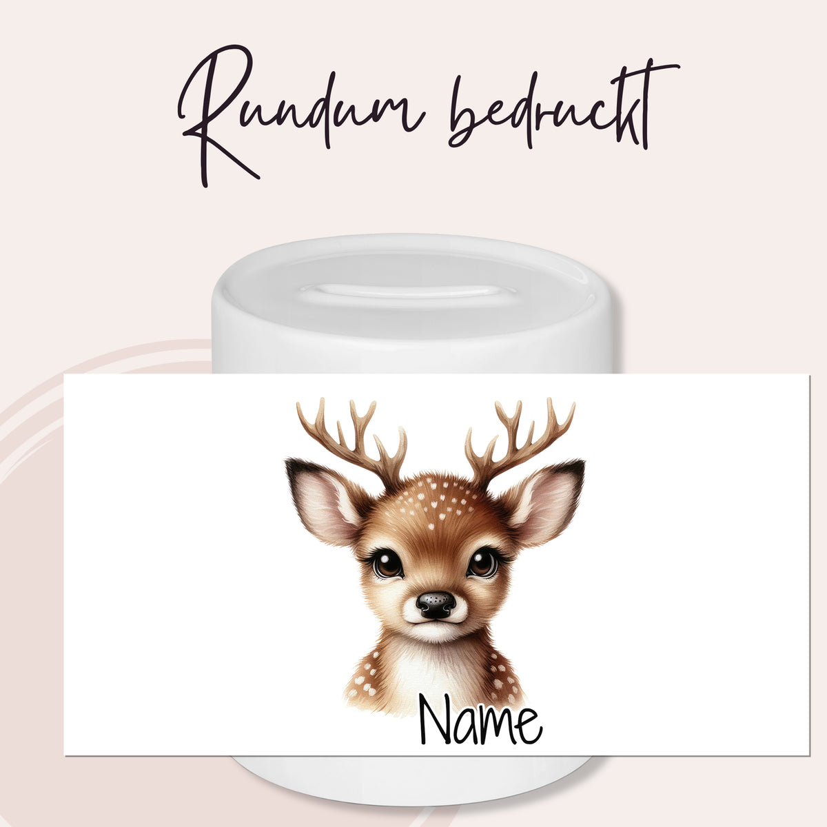 Rundum bedruckter Becher mit niedlichem Reh-Motiv.