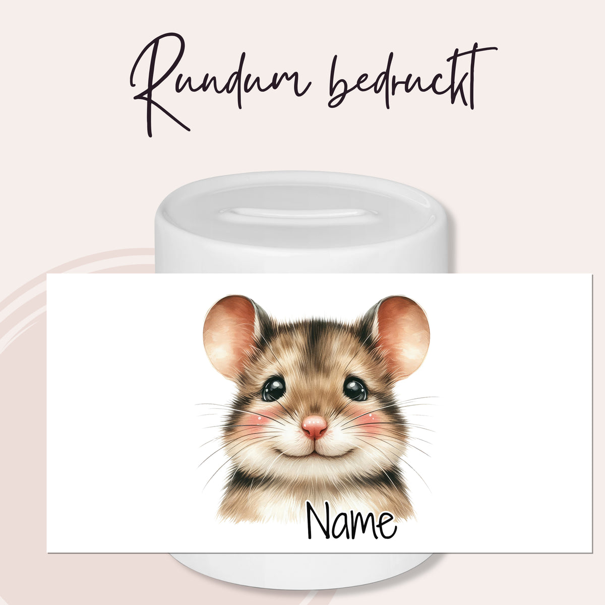 Runder Becher mit niedlichem Maus-Motiv und personalisierbarem Namen.