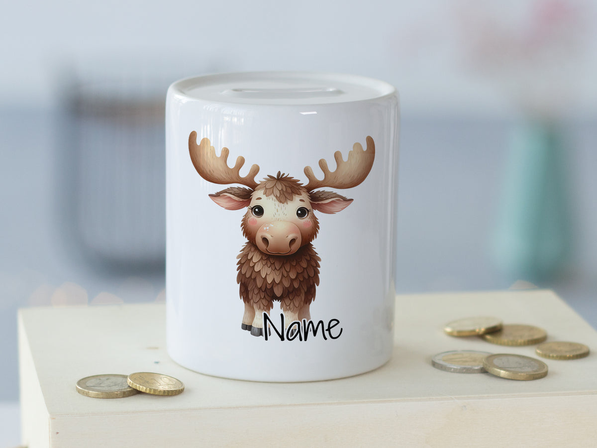 Sparschwein mit niedlichem Elch-Motiv und personalisierbarem Namen.