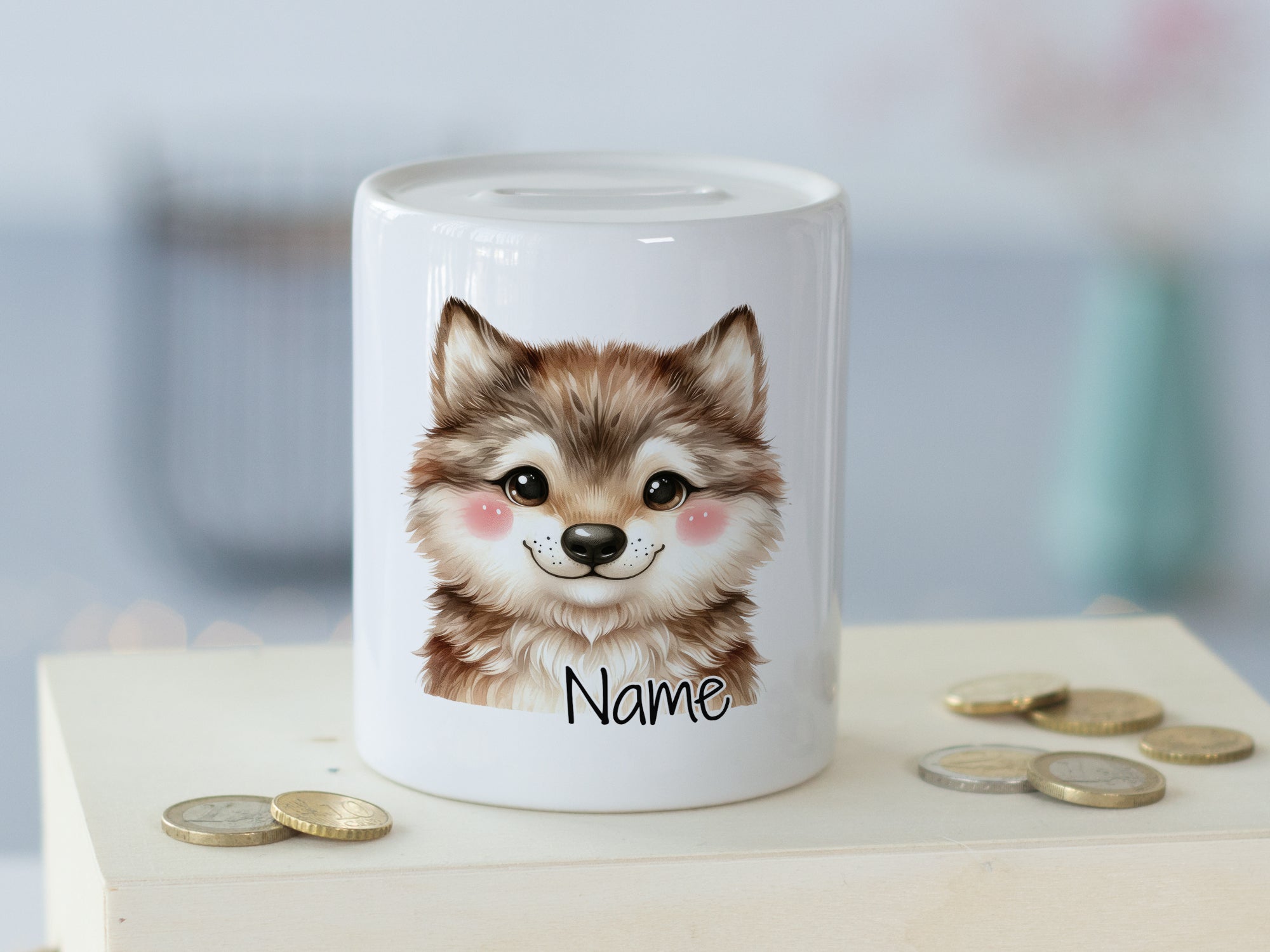 Spardose mit niedlichem Fuchsdesign und Platz für Namen.