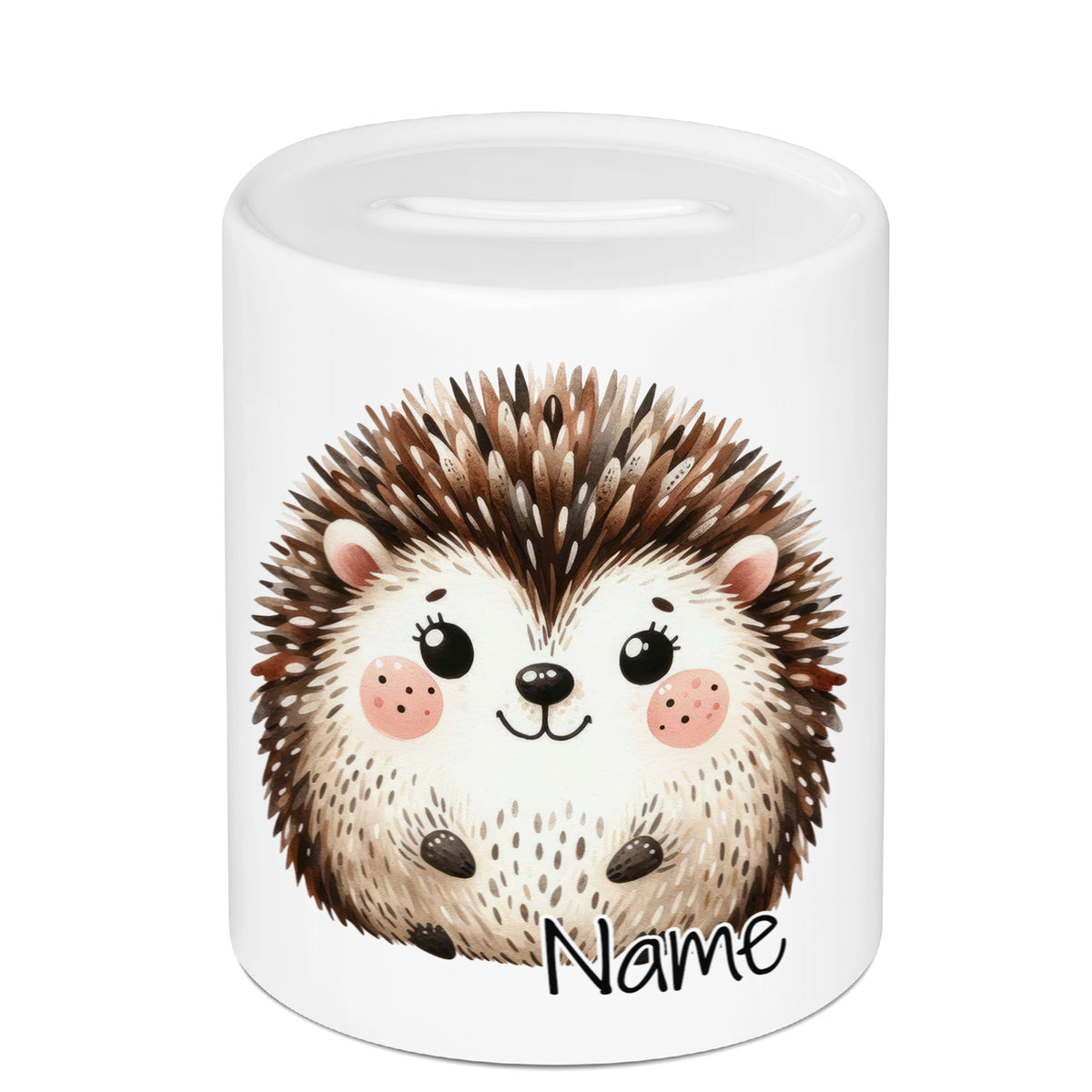 Süße Sparbüchse mit Igel-Motiv und personalisierbarem Namen.