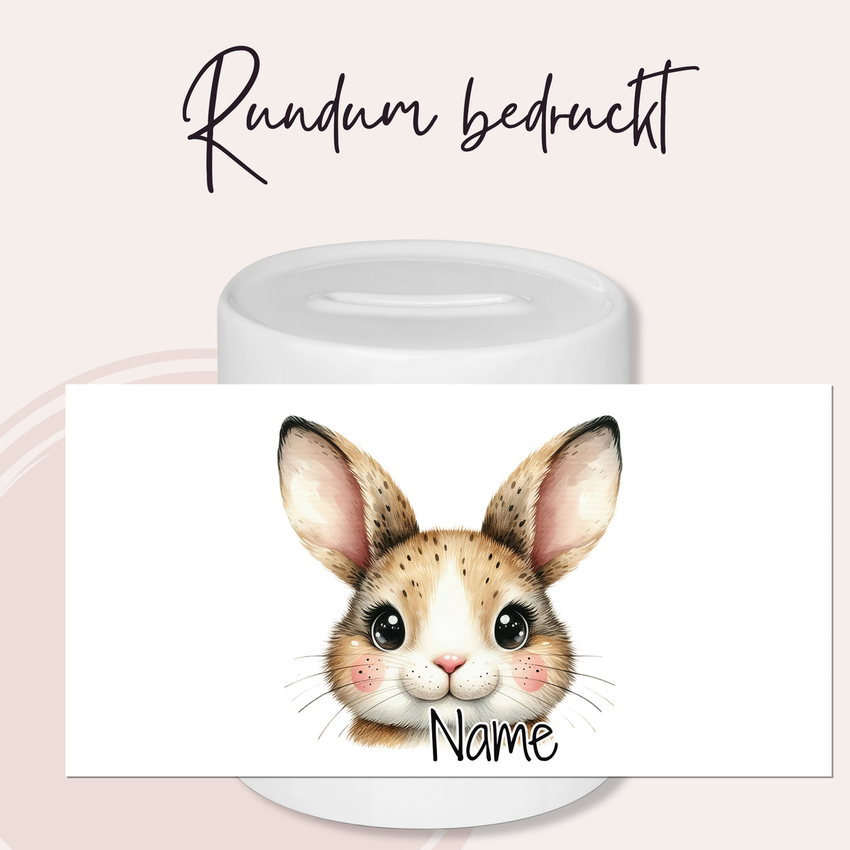 Kaffeetasse mit niedlichem Hasenmotiv und personalisierbarem Namen.