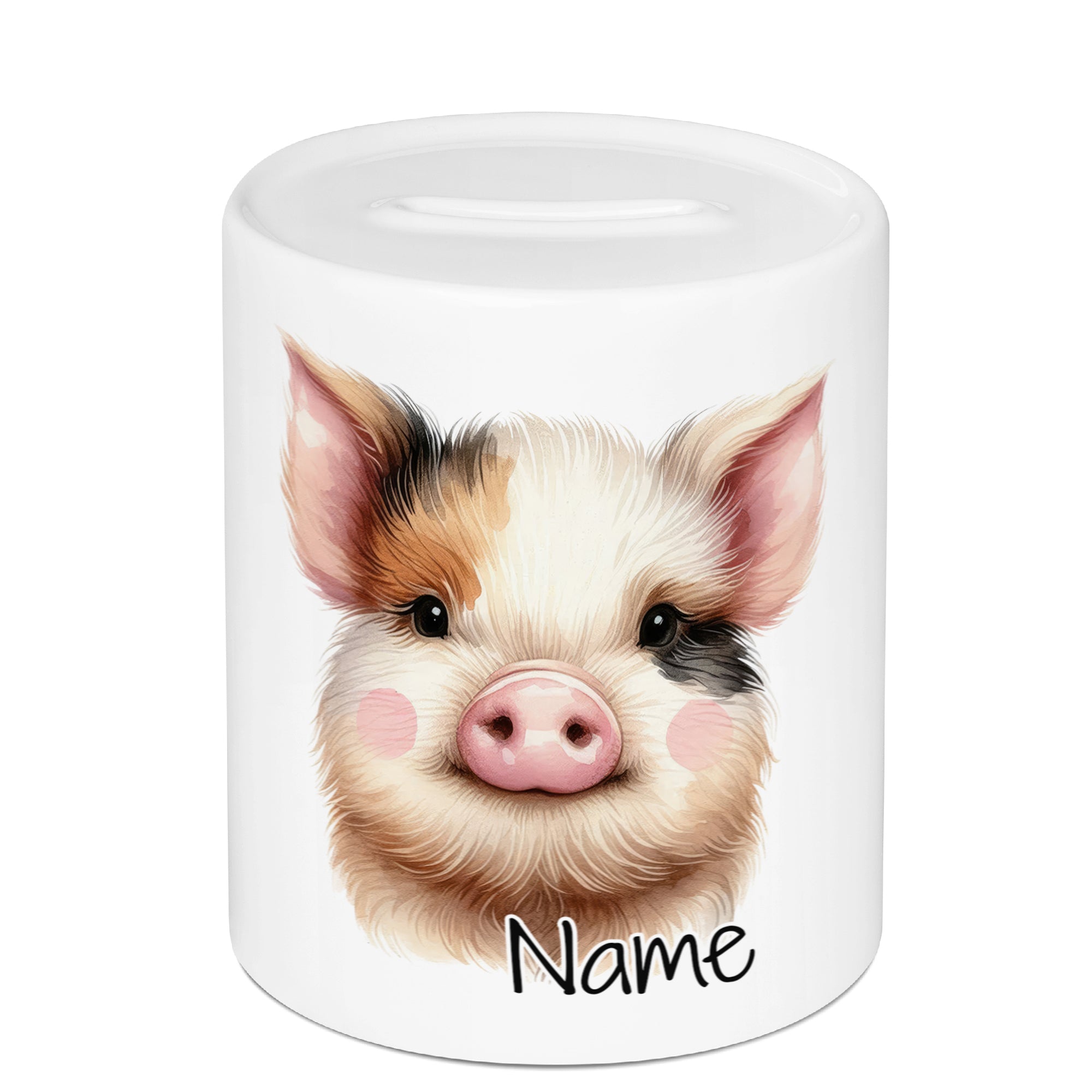 Spardose mit Schweinchen-Motiv und personalisierbarem Namen.