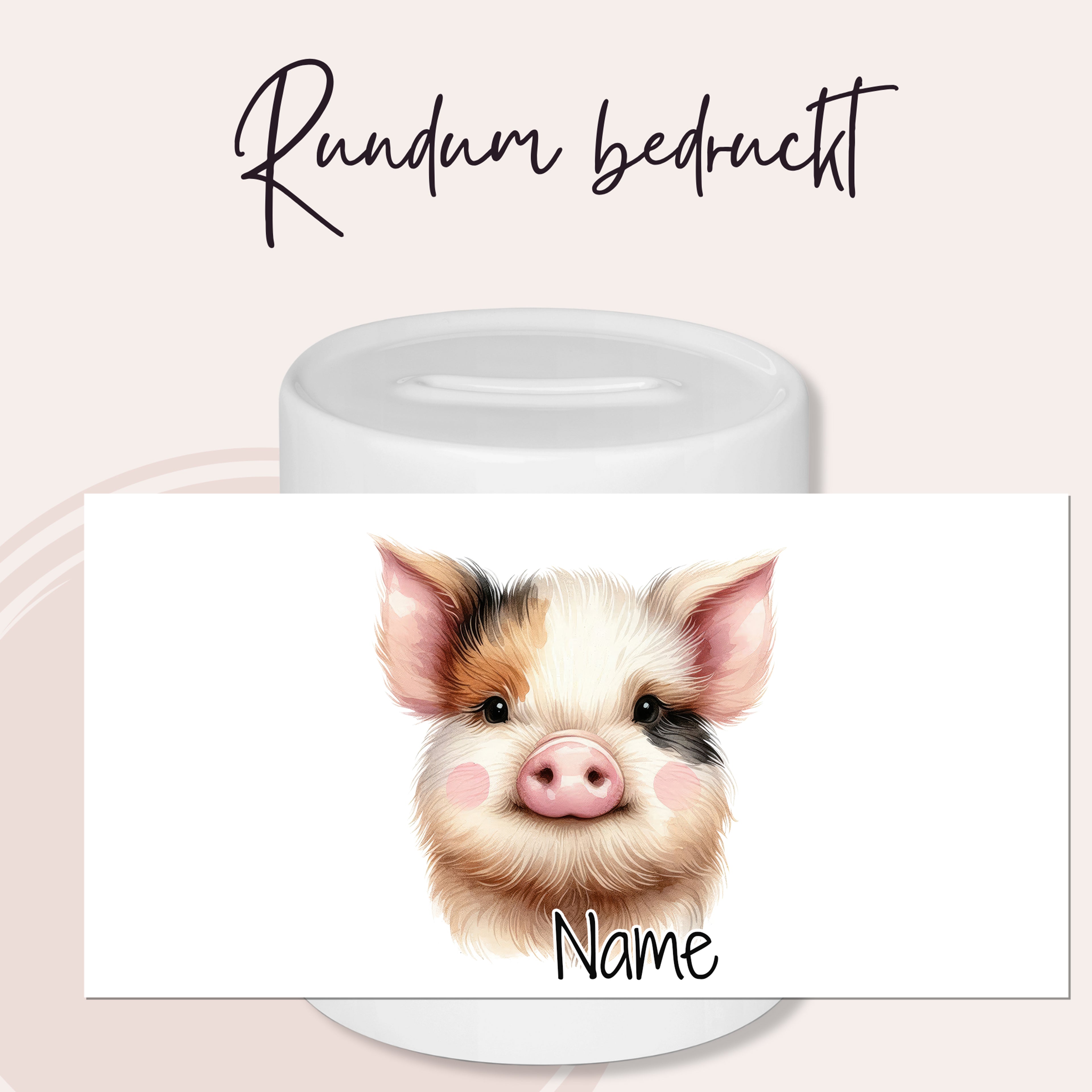 Rundum bedruckte Tasse mit süßem Schweinegesicht.
