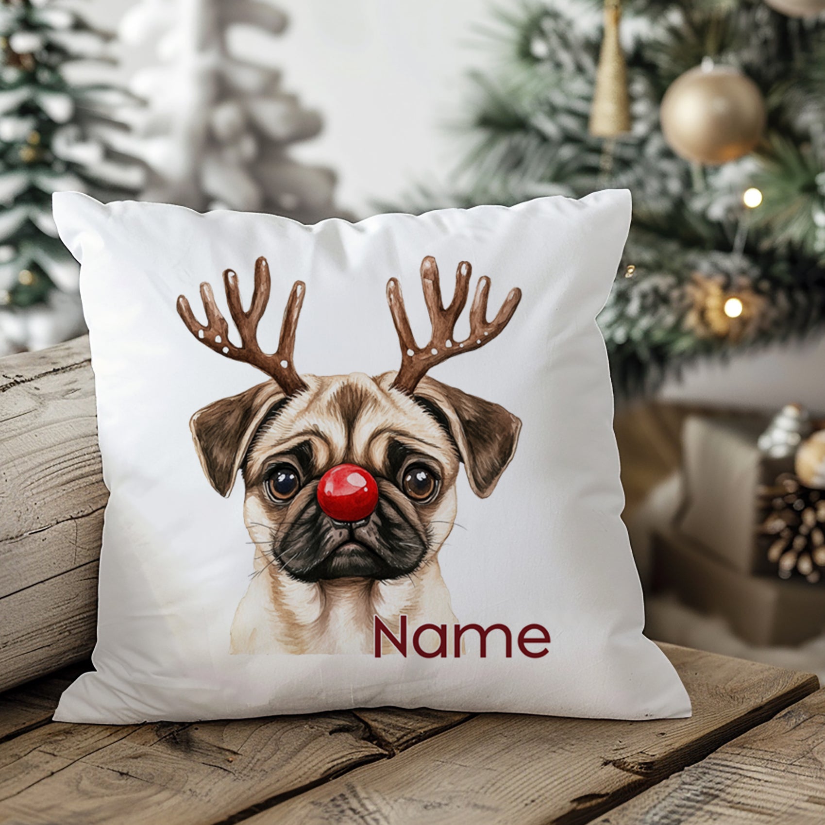 Kissen mit Pug, Weihnachtsgeweih und roter Nase.